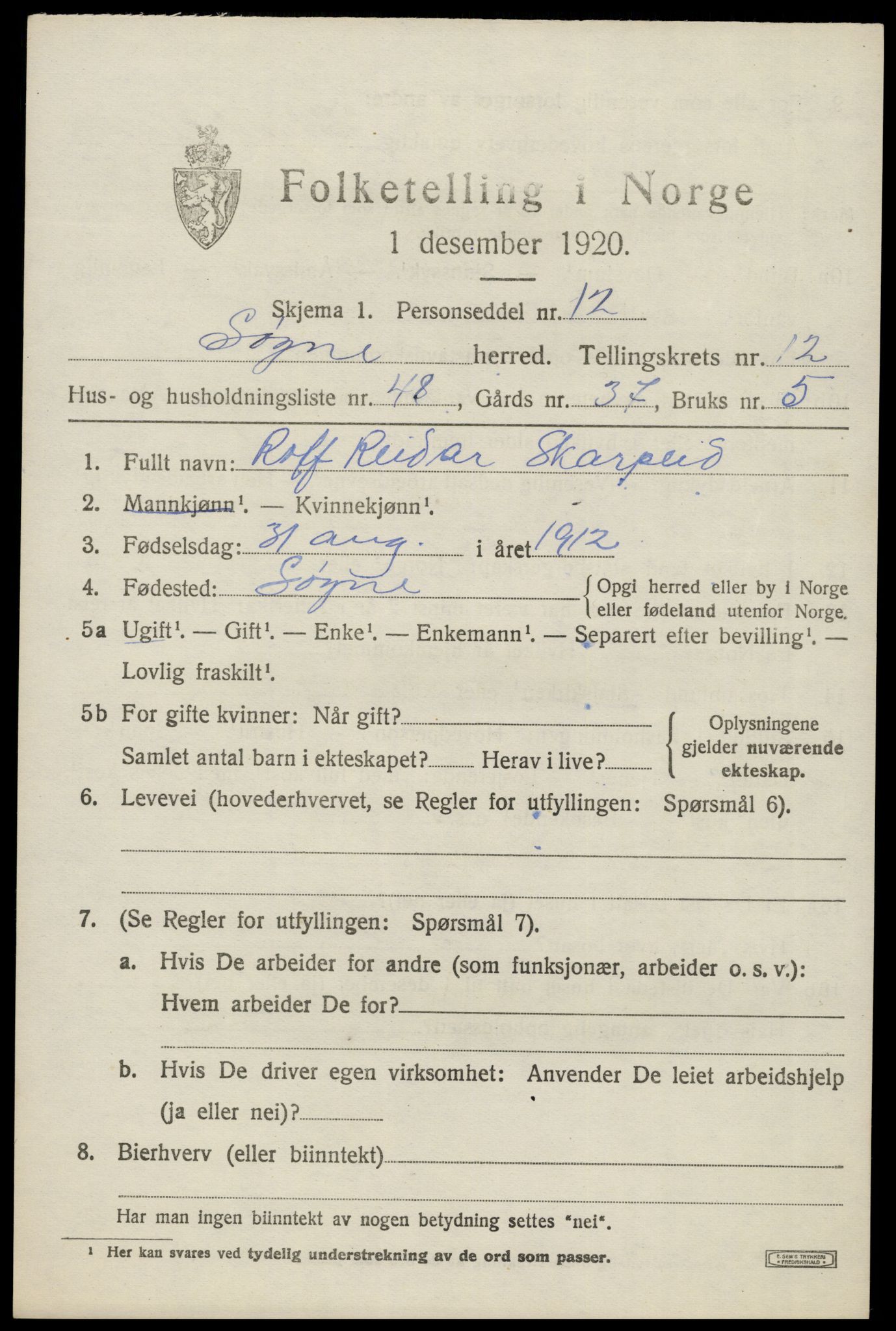 SAK, 1920 census for Søgne, 1920, p. 6405