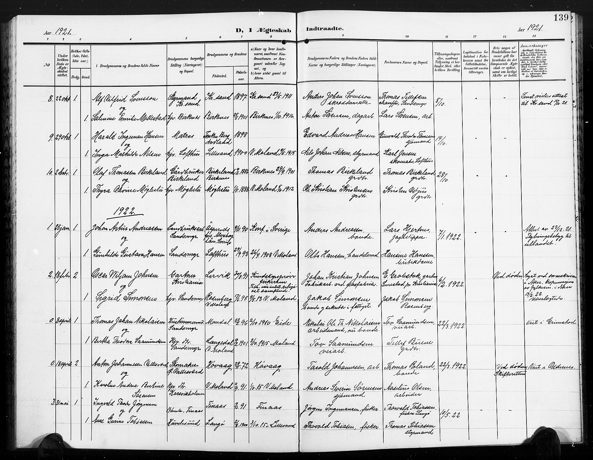 Vestre Moland sokneprestkontor, SAK/1111-0046/F/Fb/Fbb/L0007: Parish register (copy) no. B 7, 1906-1929, p. 139