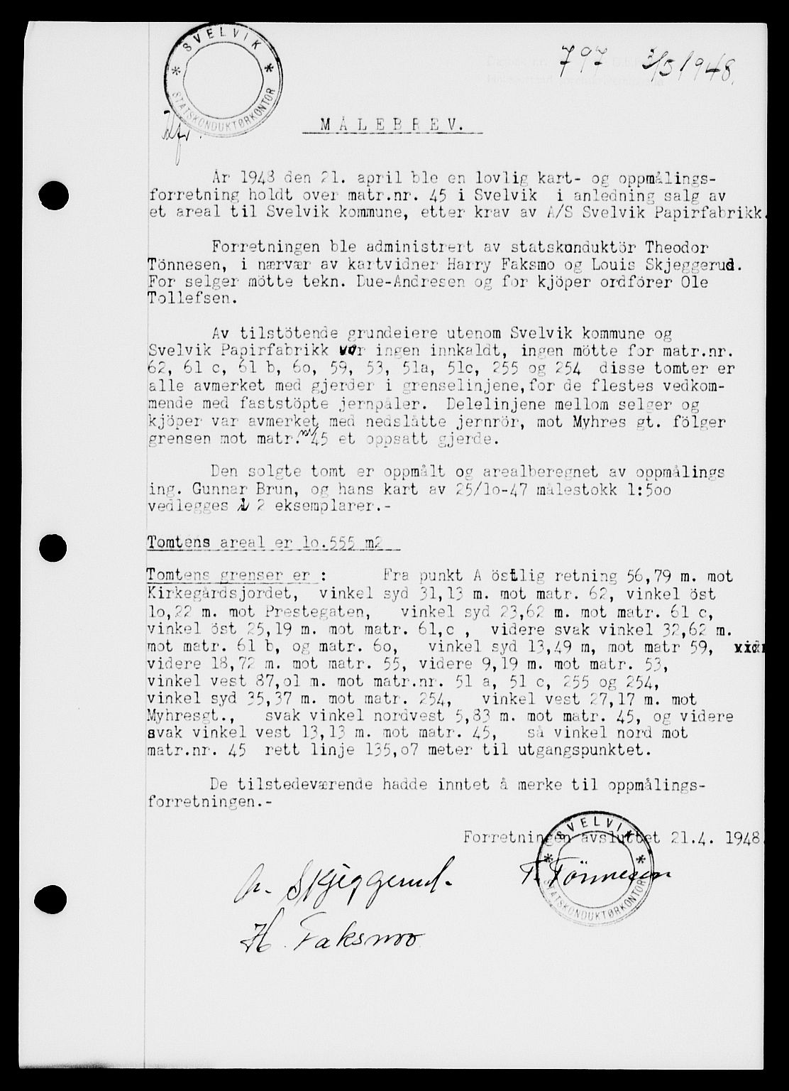 Holmestrand sorenskriveri, AV/SAKO-A-67/G/Ga/Gaa/L0064: Mortgage book no. A-64, 1948-1948, Diary no: : 797/1948