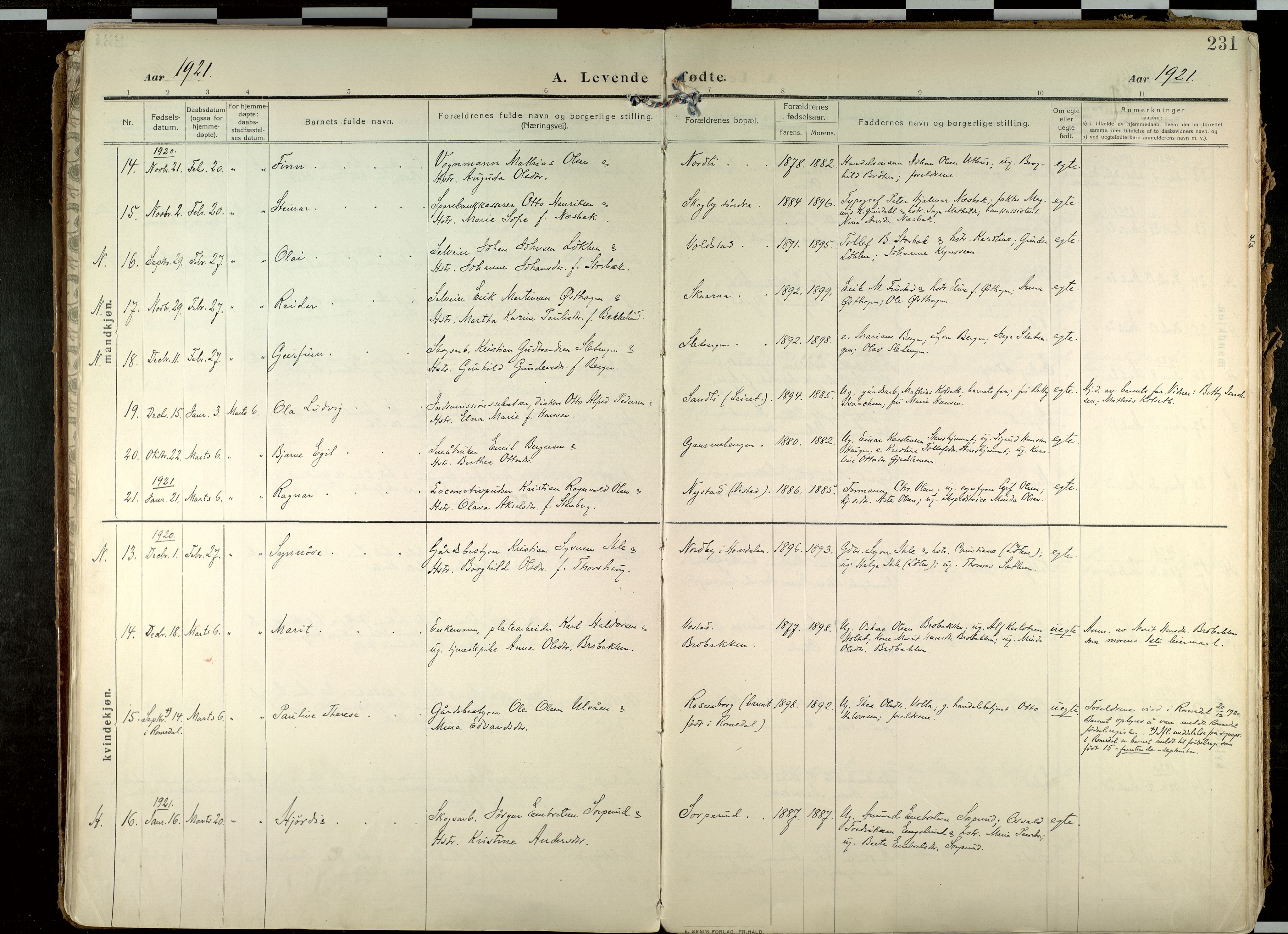 Elverum prestekontor, AV/SAH-PREST-044/H/Ha/Haa/L0020: Parish register (official) no. 20, 1909-1921, p. 231