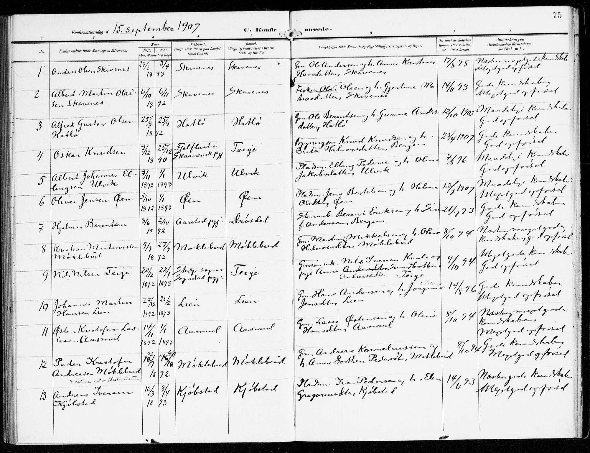 Hyllestad sokneprestembete, SAB/A-80401: Parish register (official) no. D 2, 1905-1919, p. 75