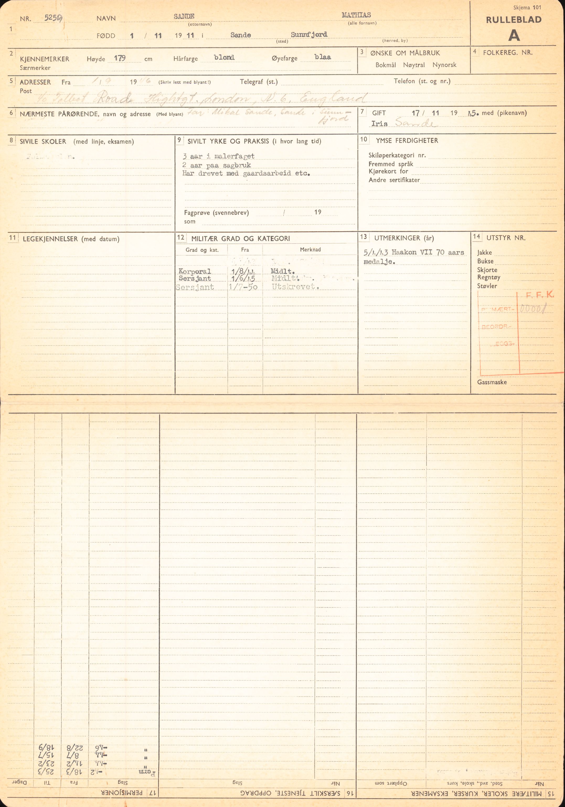 Forsvaret, Forsvarets overkommando/Luftforsvarsstaben, AV/RA-RAFA-4079/P/Pa/L0028: Personellpapirer, 1911, p. 64