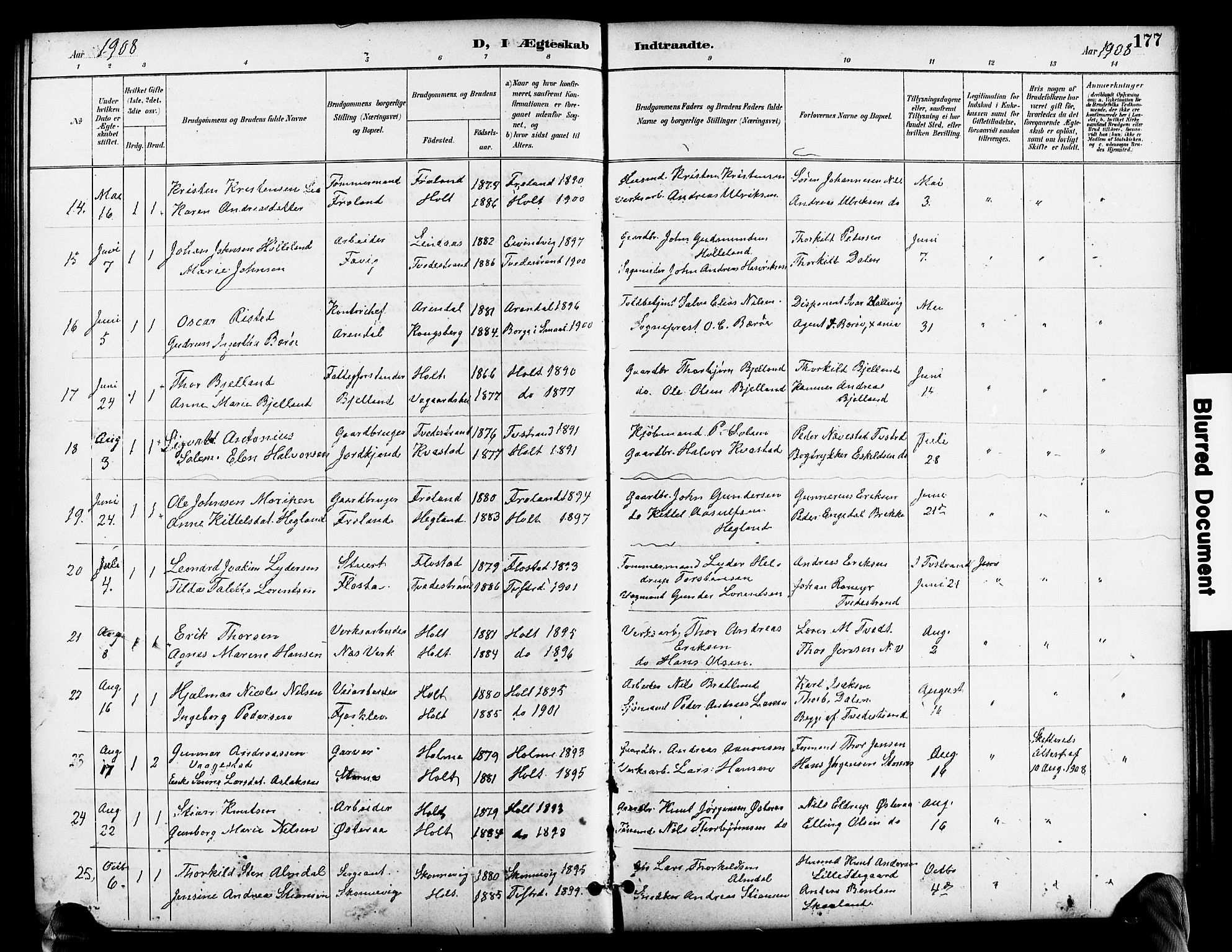 Holt sokneprestkontor, SAK/1111-0021/F/Fb/L0011: Parish register (copy) no. B 11, 1897-1921, p. 177