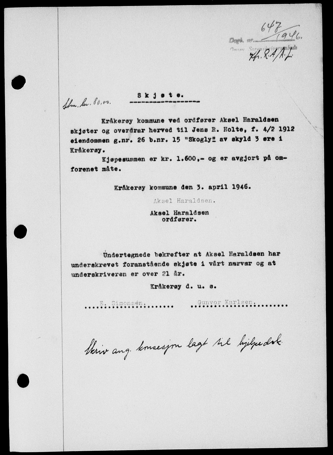 Onsøy sorenskriveri, SAO/A-10474/G/Ga/Gab/L0015: Mortgage book no. II A-15, 1945-1946, Diary no: : 647/1946
