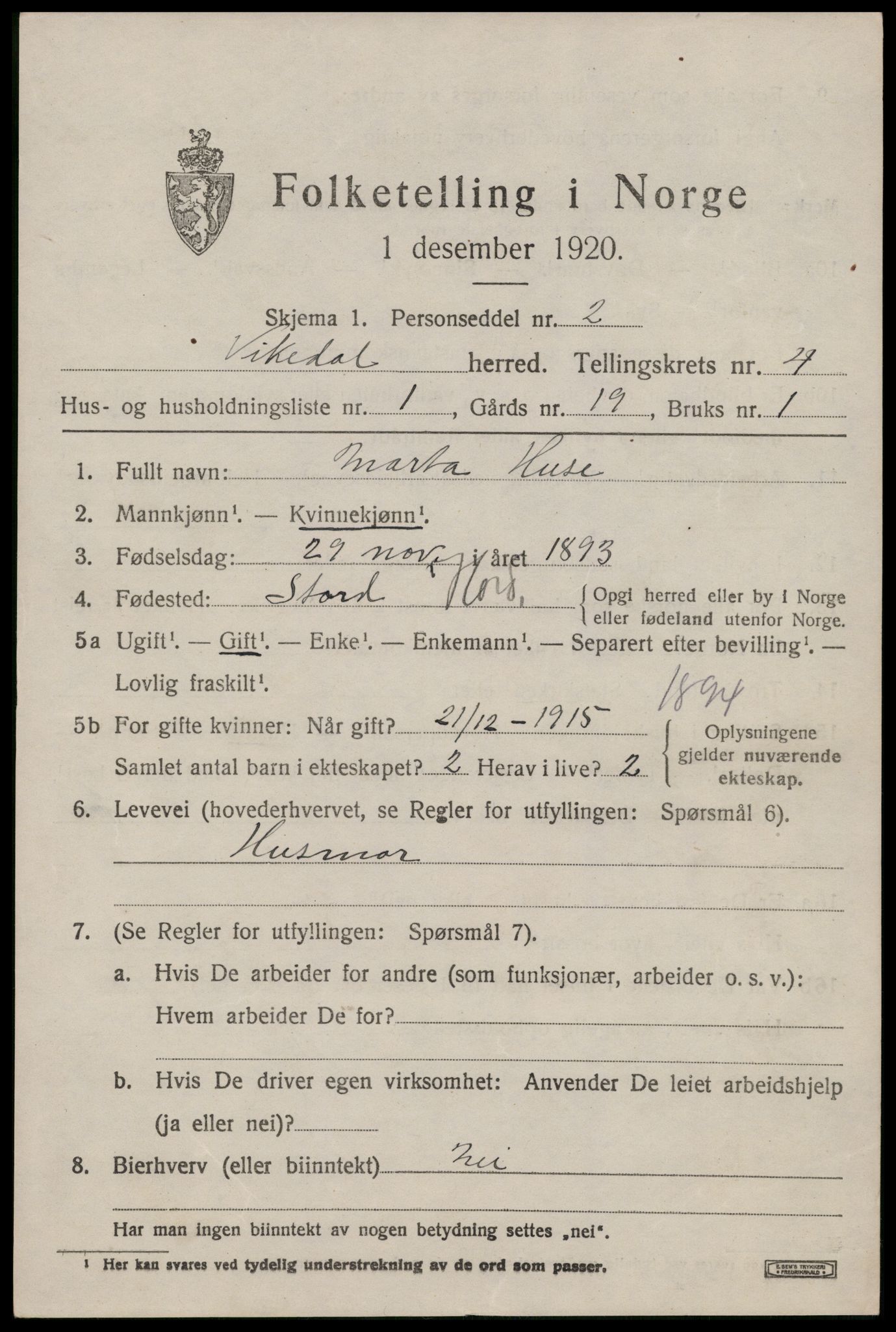 SAST, 1920 census for Vikedal, 1920, p. 2051