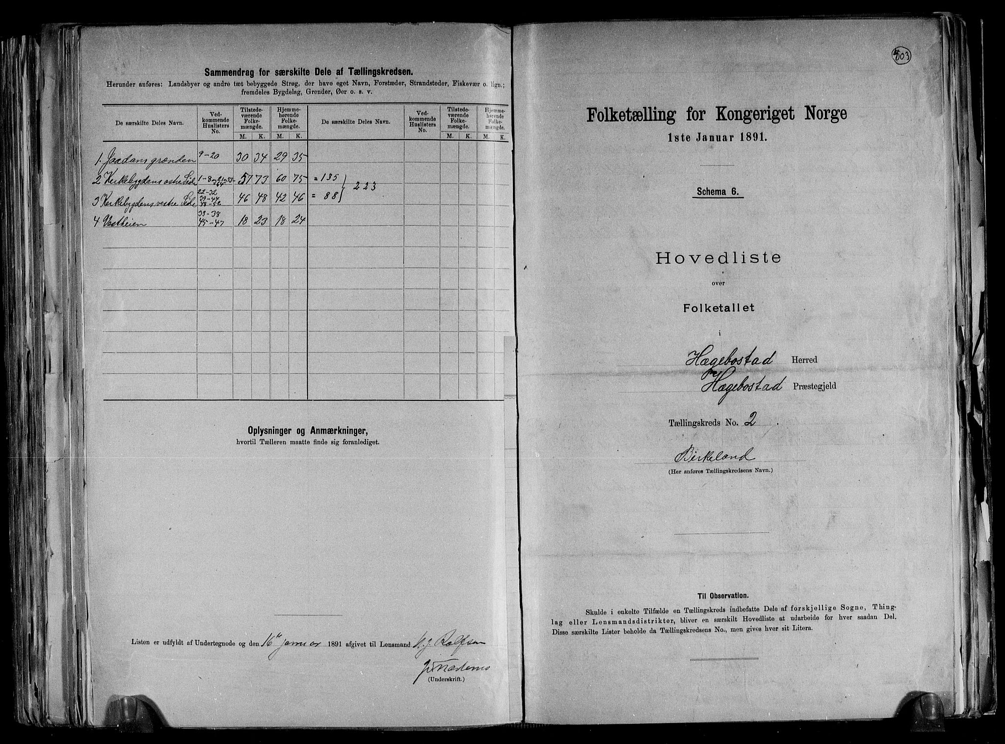 RA, 1891 census for 1034 Hægebostad, 1891, p. 7