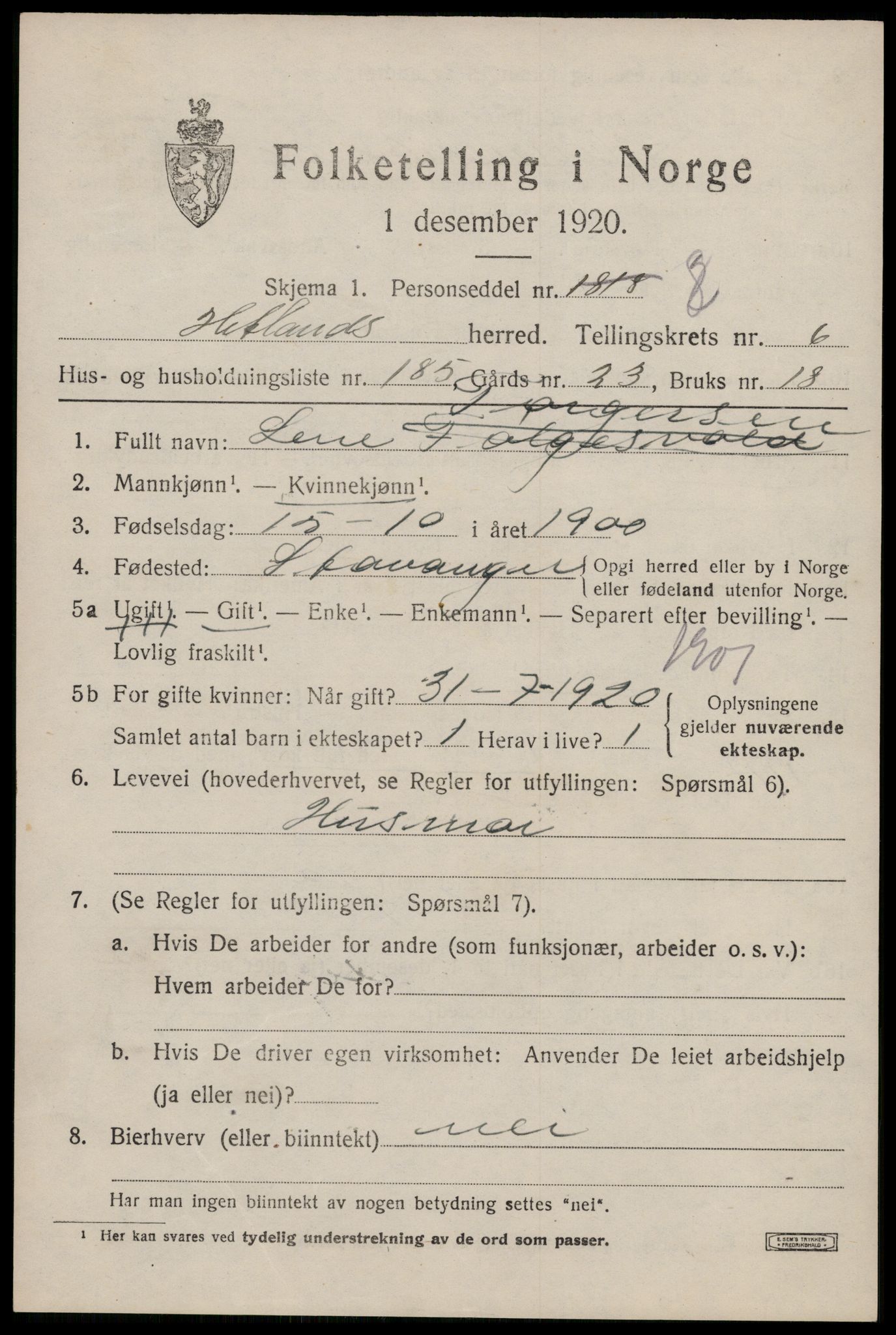 SAST, 1920 census for Hetland, 1920, p. 13111