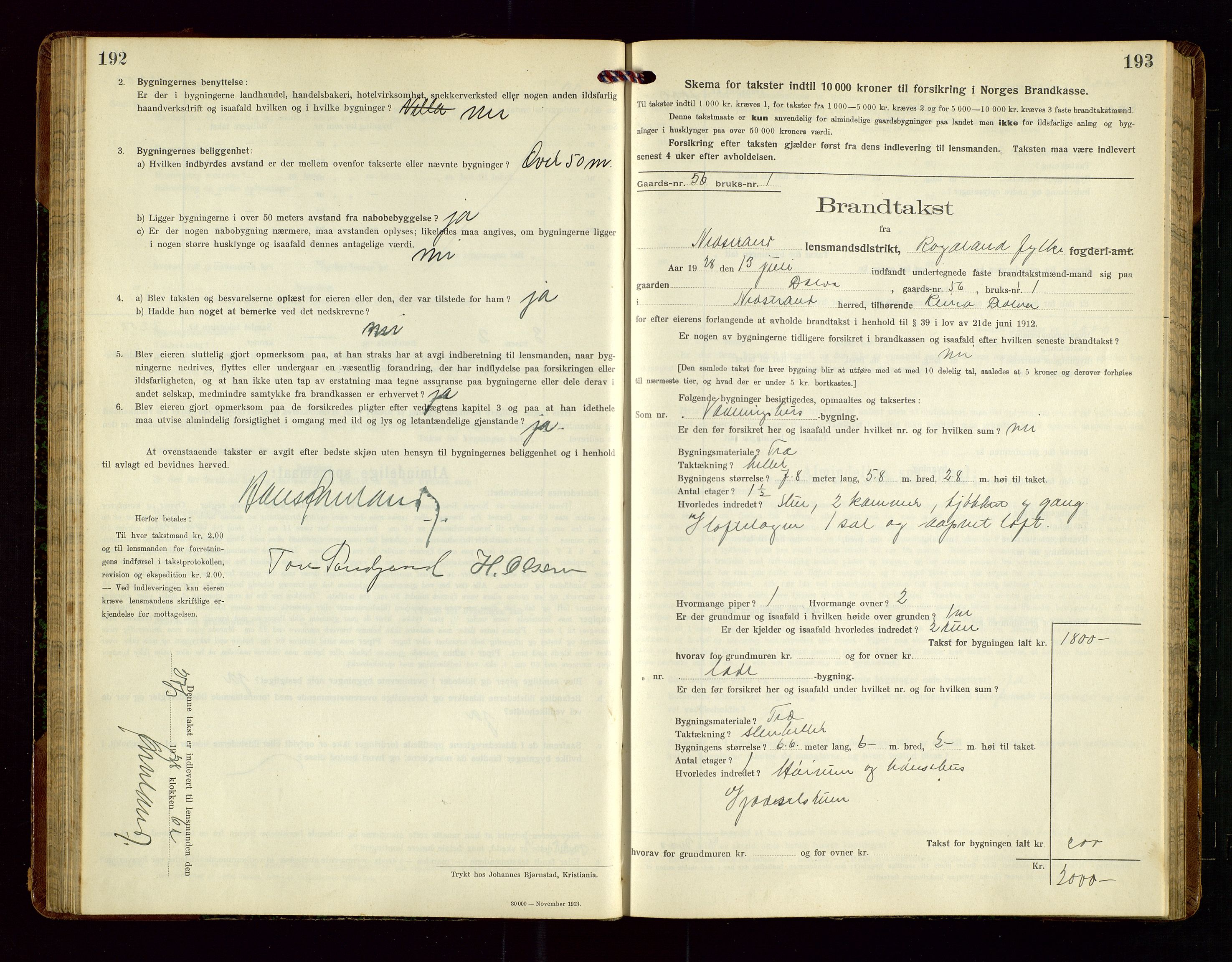 Nedstrand lensmannskontor, SAST/A-100236/Gob/L0002: "Brandtakstprotokol for Nerstrand lensmandsdistrikt Rogaland Fylke", 1916-1949, p. 192-193