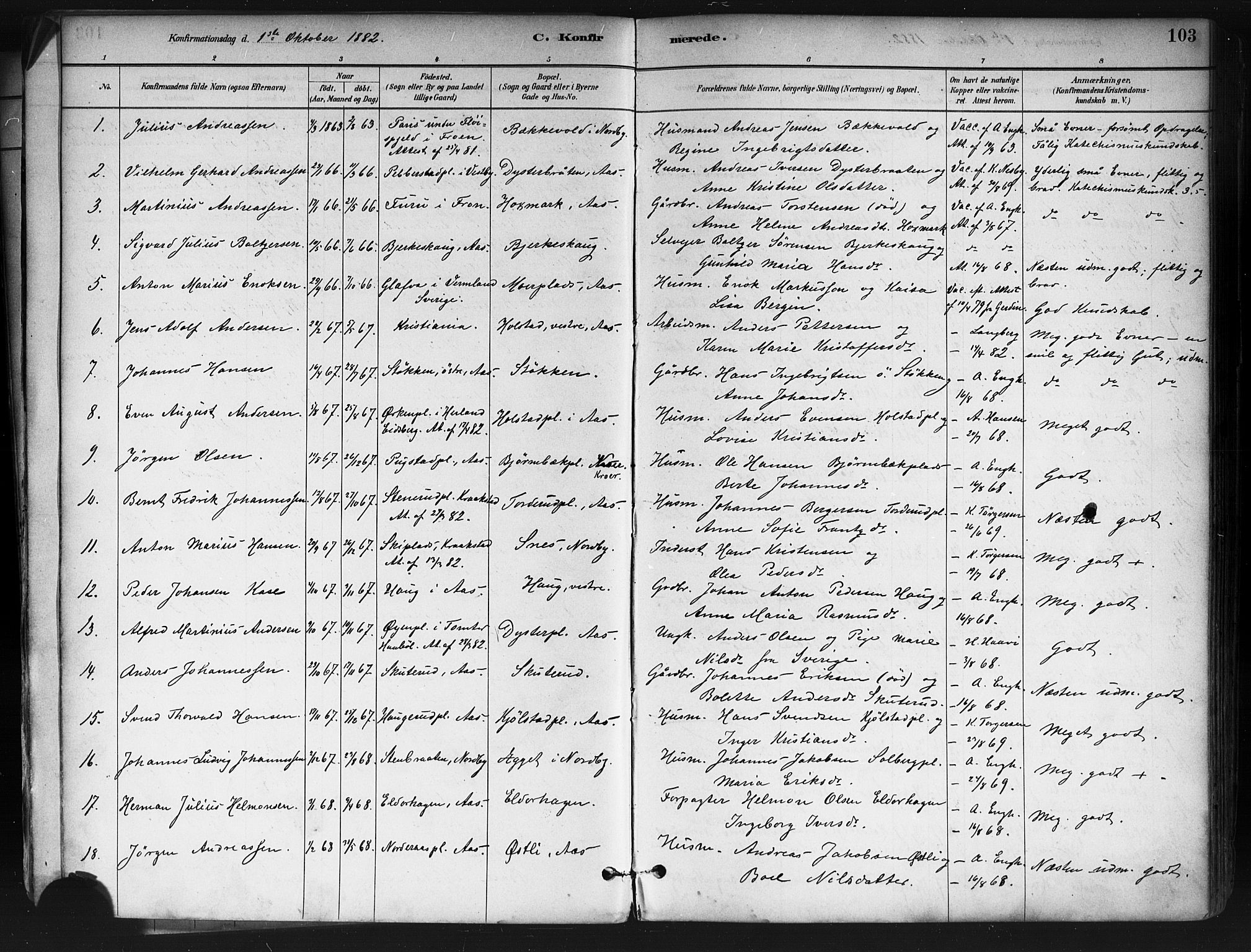 Ås prestekontor Kirkebøker, SAO/A-10894/F/Fa/L0009: Parish register (official) no. I 9, 1881-1900, p. 103