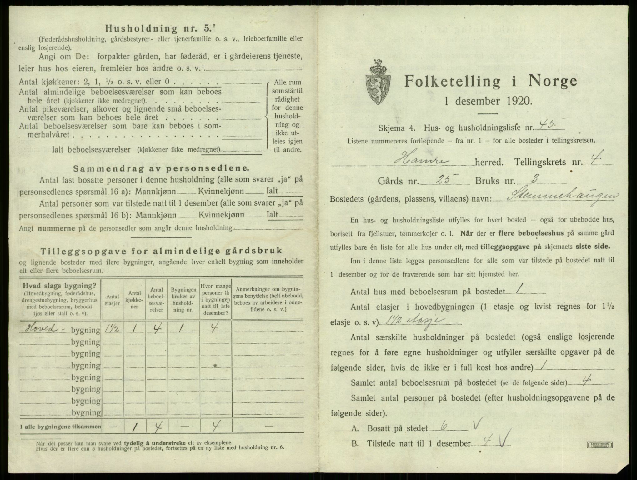 SAB, 1920 census for Hamre, 1920, p. 405