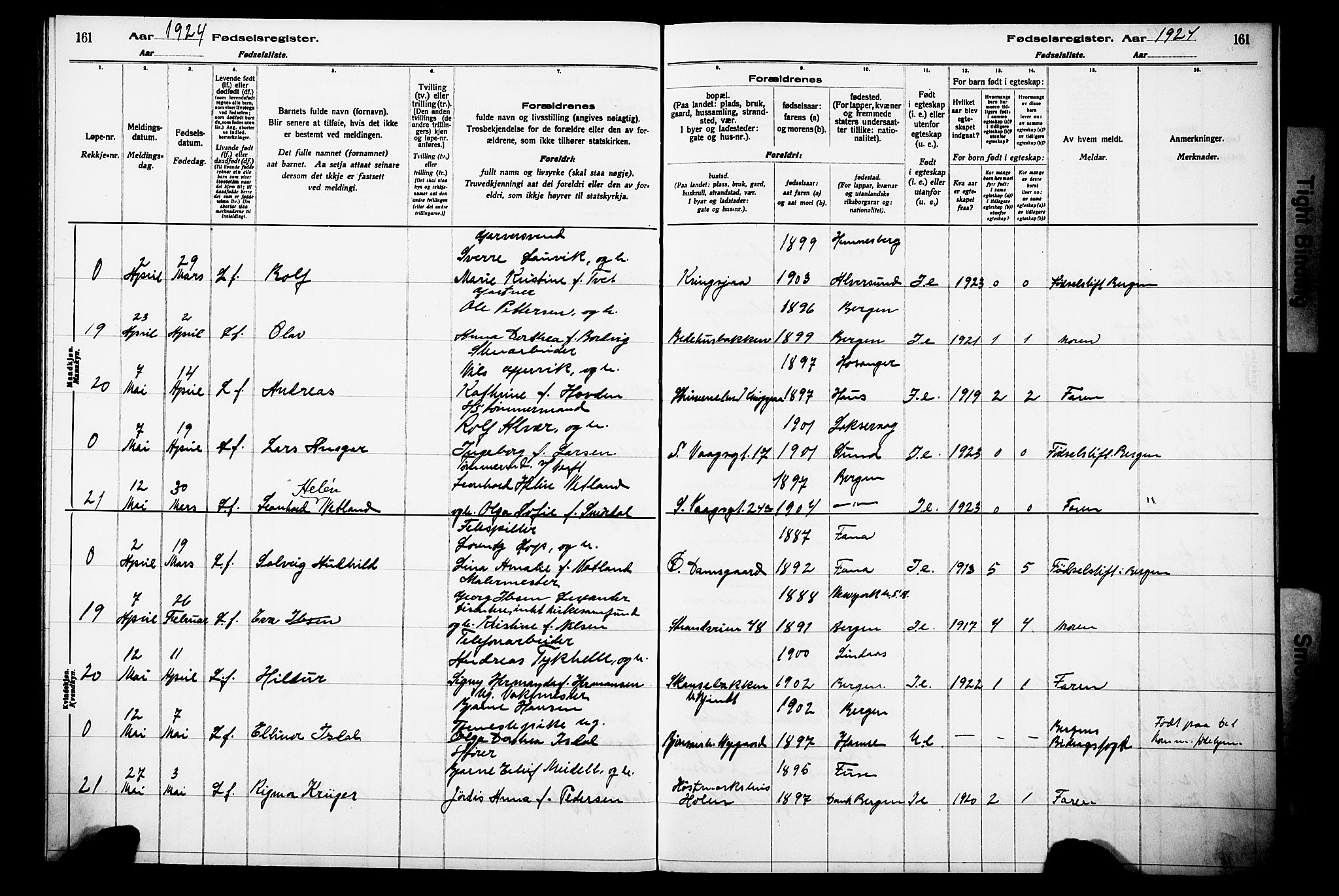 Laksevåg Sokneprestembete, AV/SAB-A-76501/I/Id/L00A1: Birth register no. A 1, 1916-1926, p. 161