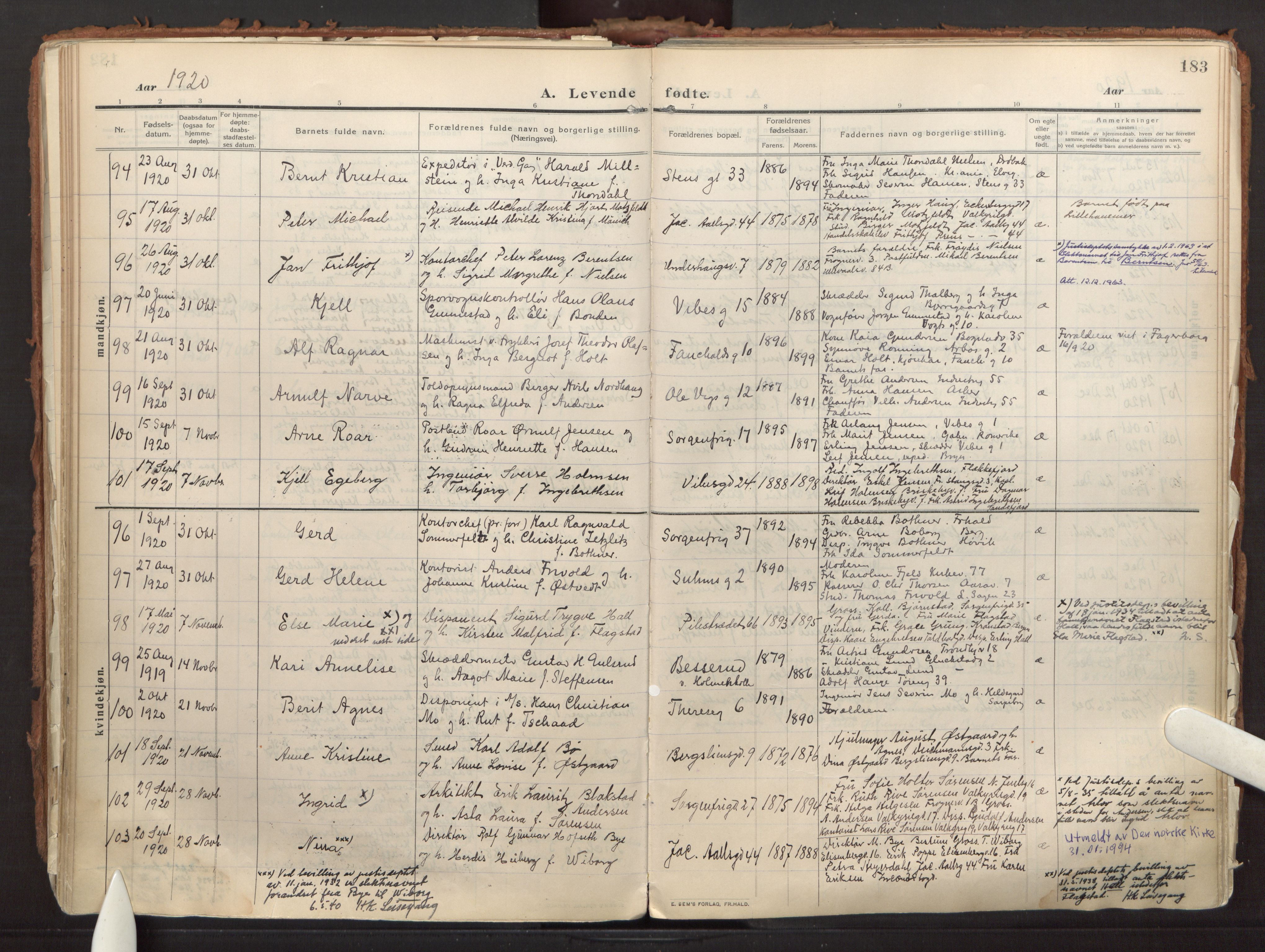 Fagerborg prestekontor Kirkebøker, AV/SAO-A-10844/F/Fa/L0005: Parish register (official) no. 5, 1909-1935, p. 183