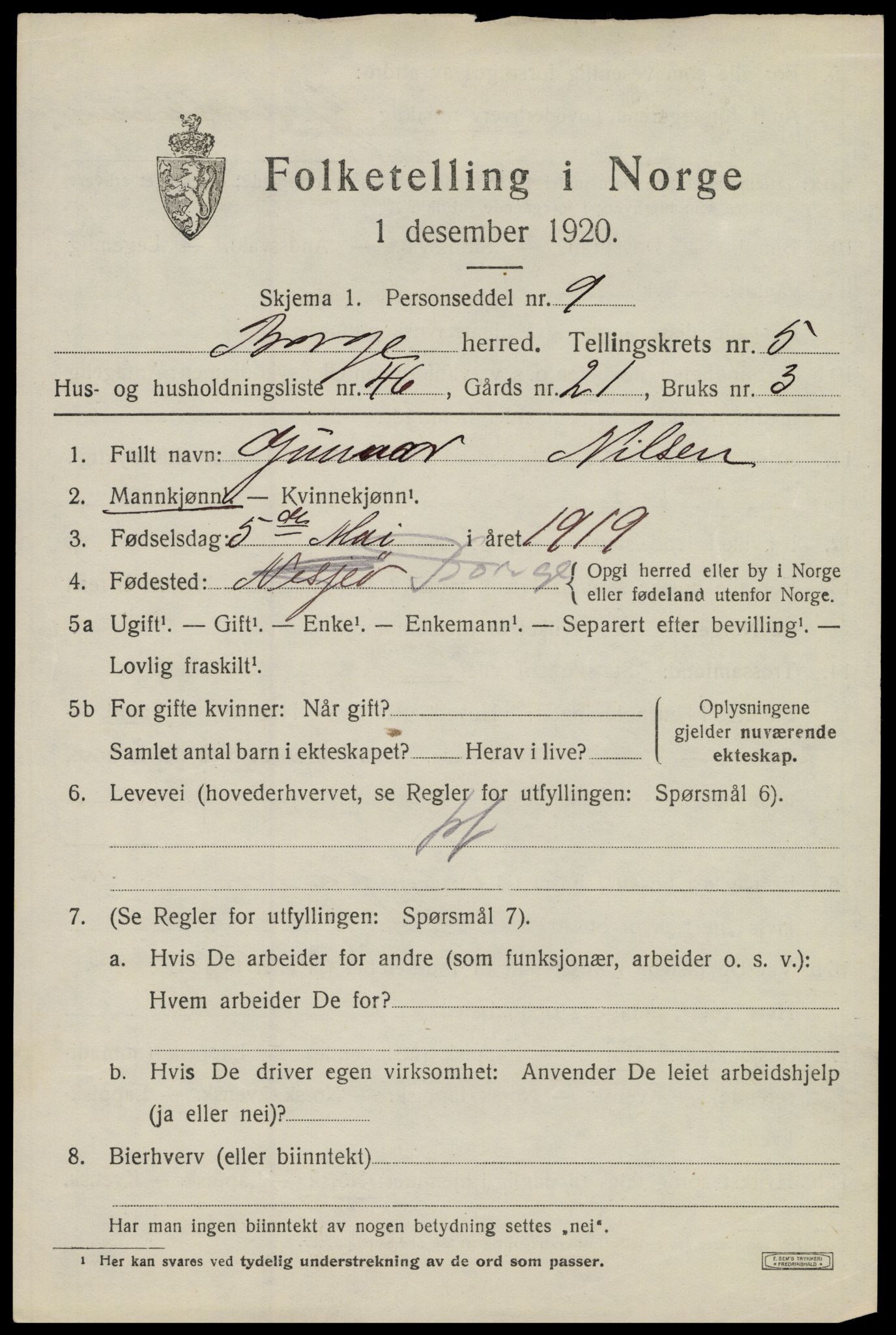 SAT, 1920 census for Borge, 1920, p. 5677