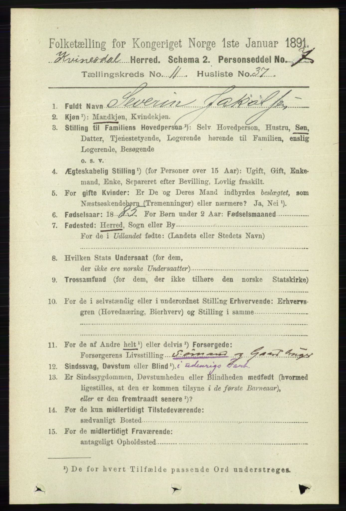 RA, 1891 census for 1037 Kvinesdal, 1891, p. 4699