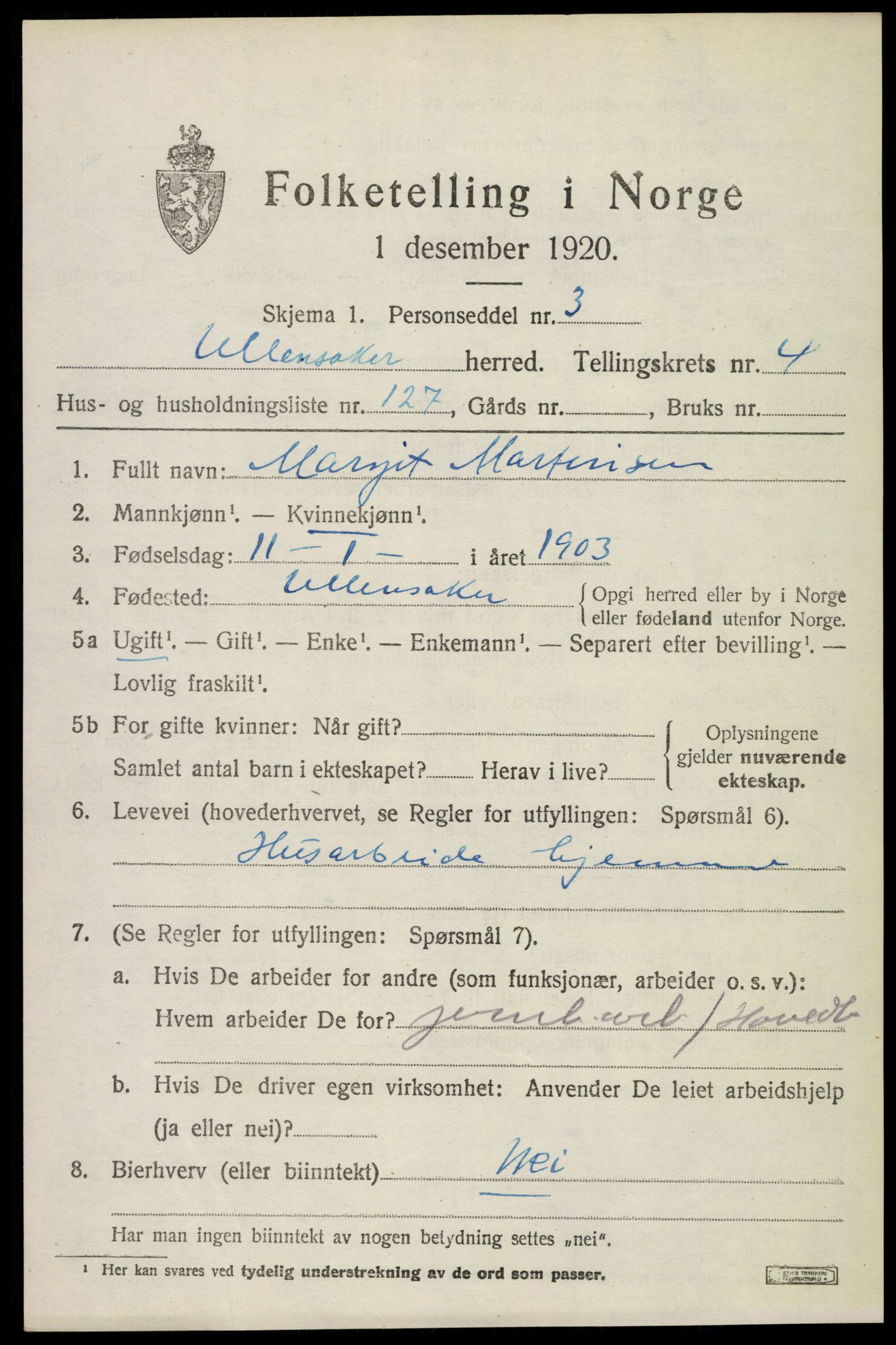 SAO, 1920 census for Ullensaker, 1920, p. 8811