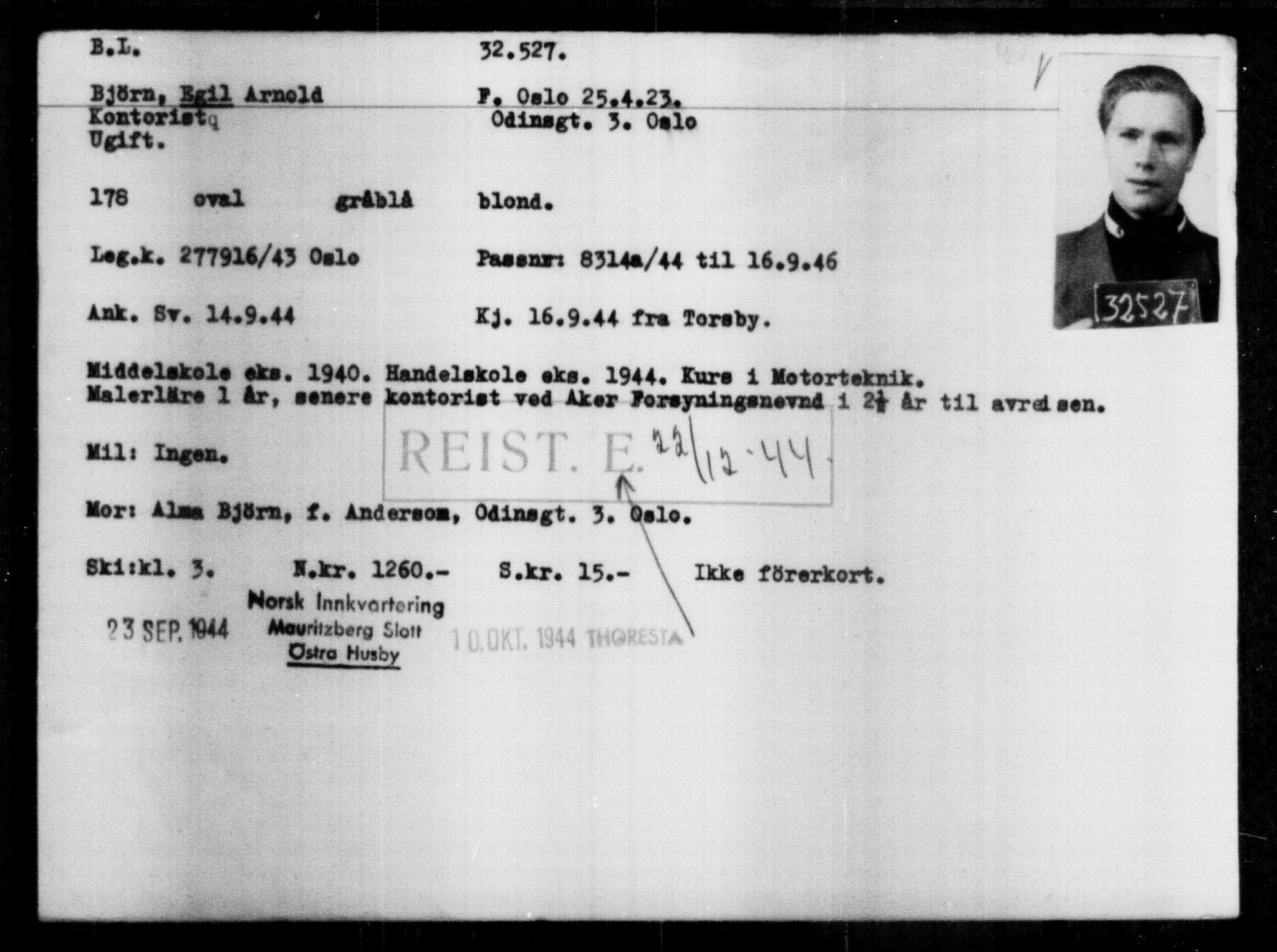 Utenriksstasjonene, Legasjonen i Stockholm, Flyktningkontoret, AV/RA-S-6753/V/Va/L0013: Kjesäterkartoteket, flyktninger med registreringsnr. 31500-34731, 1940-1945, p. 1083
