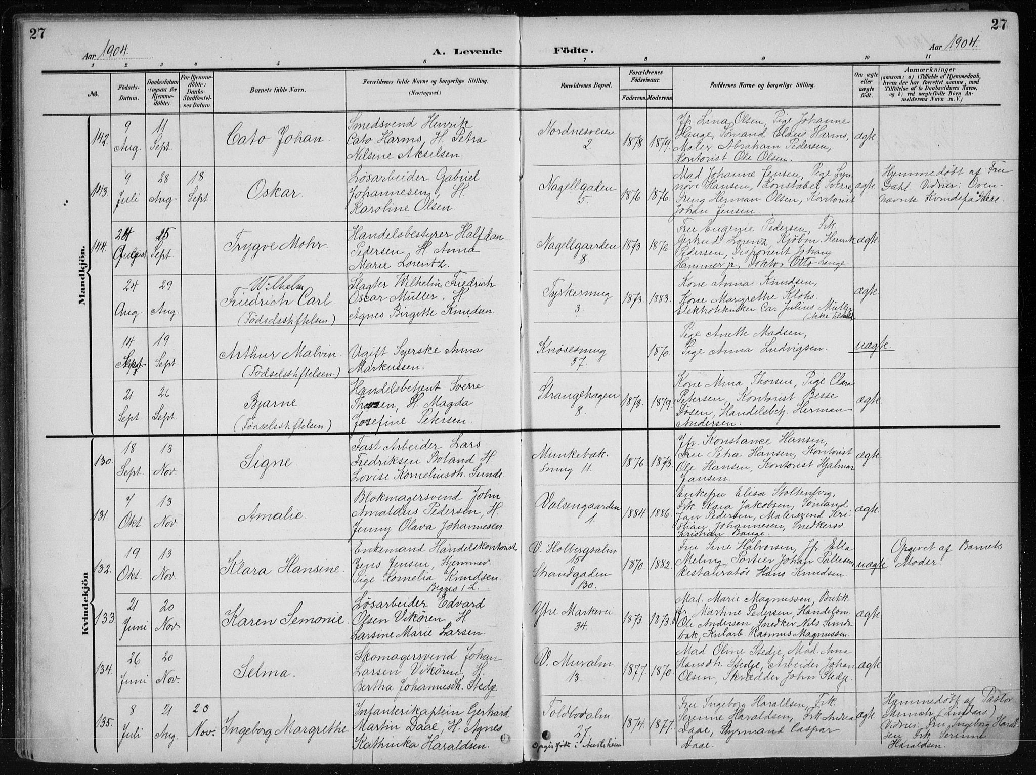 Nykirken Sokneprestembete, AV/SAB-A-77101/H/Haa/L0019: Parish register (official) no. B 7, 1904-1916, p. 27