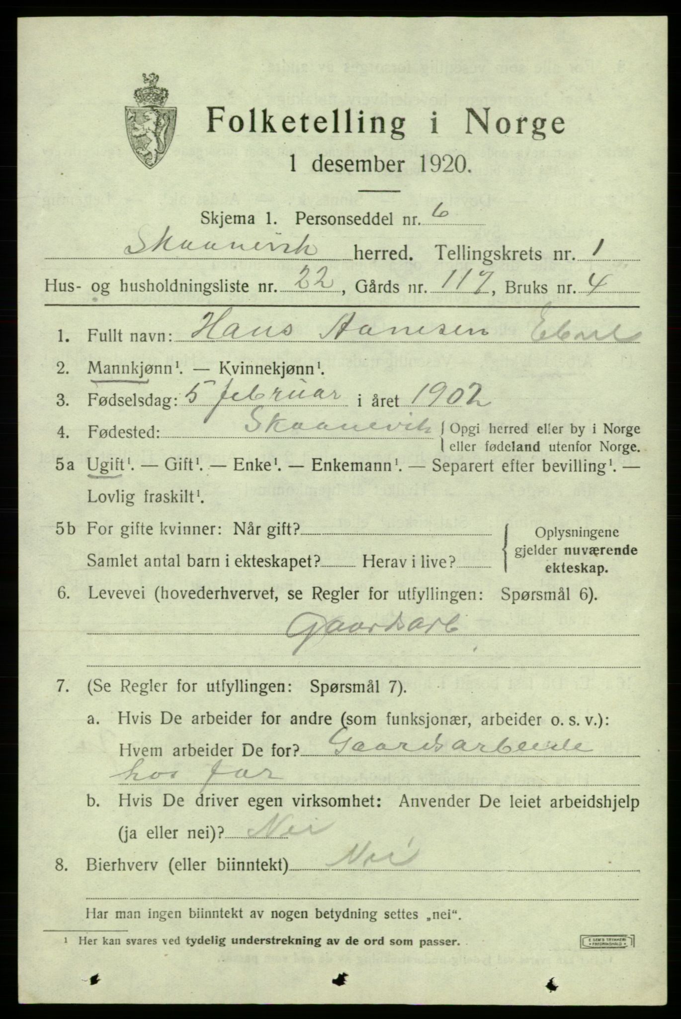 SAB, 1920 census for Skånevik, 1920, p. 2463