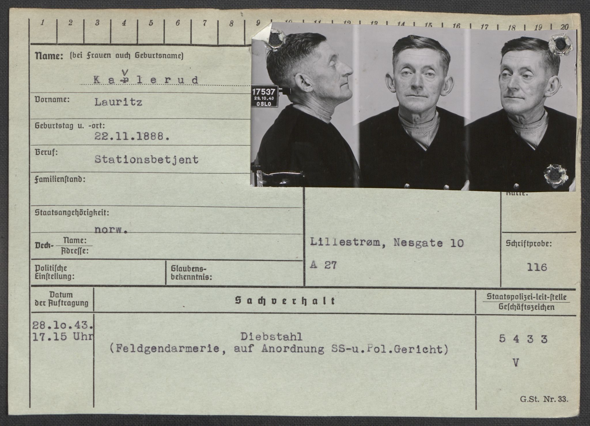 Befehlshaber der Sicherheitspolizei und des SD, AV/RA-RAFA-5969/E/Ea/Eaa/L0005: Register over norske fanger i Møllergata 19: Hø-Kj, 1940-1945, p. 1311