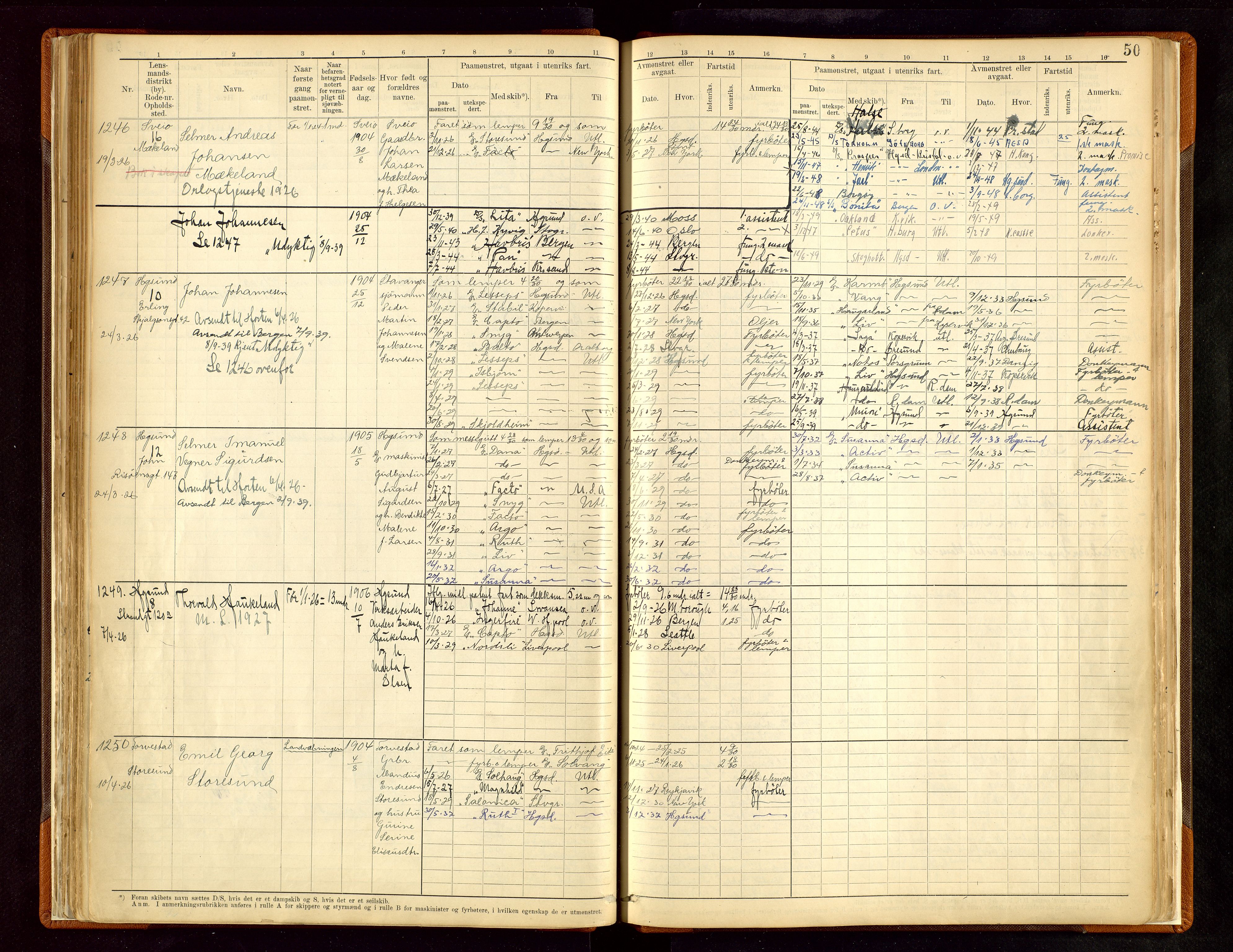 Haugesund sjømannskontor, AV/SAST-A-102007/F/Fb/Fbb/L0010: Sjøfartsrulle Haugesund krets nr. 1001-1471, 1868-1948, p. 50