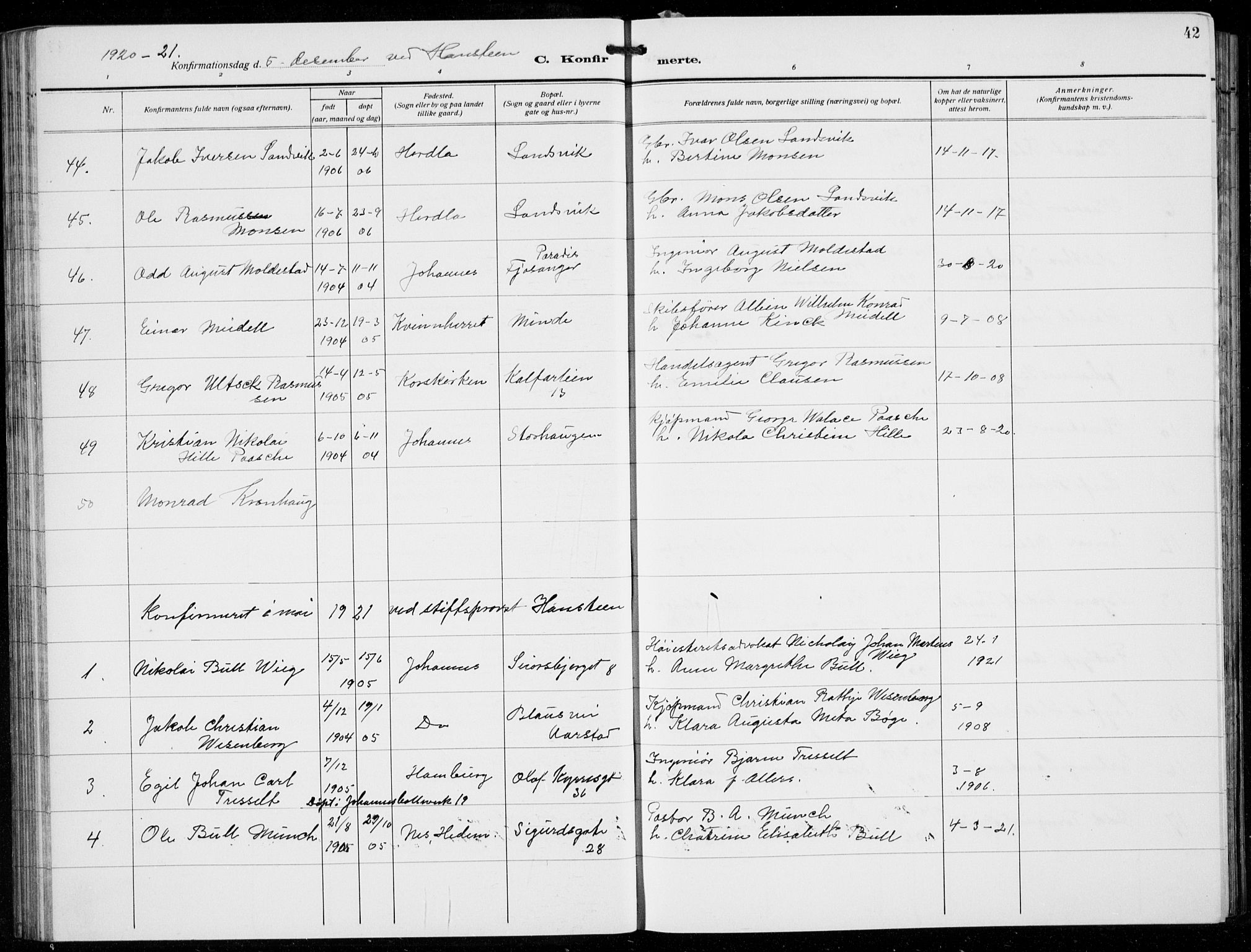 Domkirken sokneprestembete, SAB/A-74801/H/Hab/L0026: Parish register (copy) no. C 6, 1916-1933, p. 42