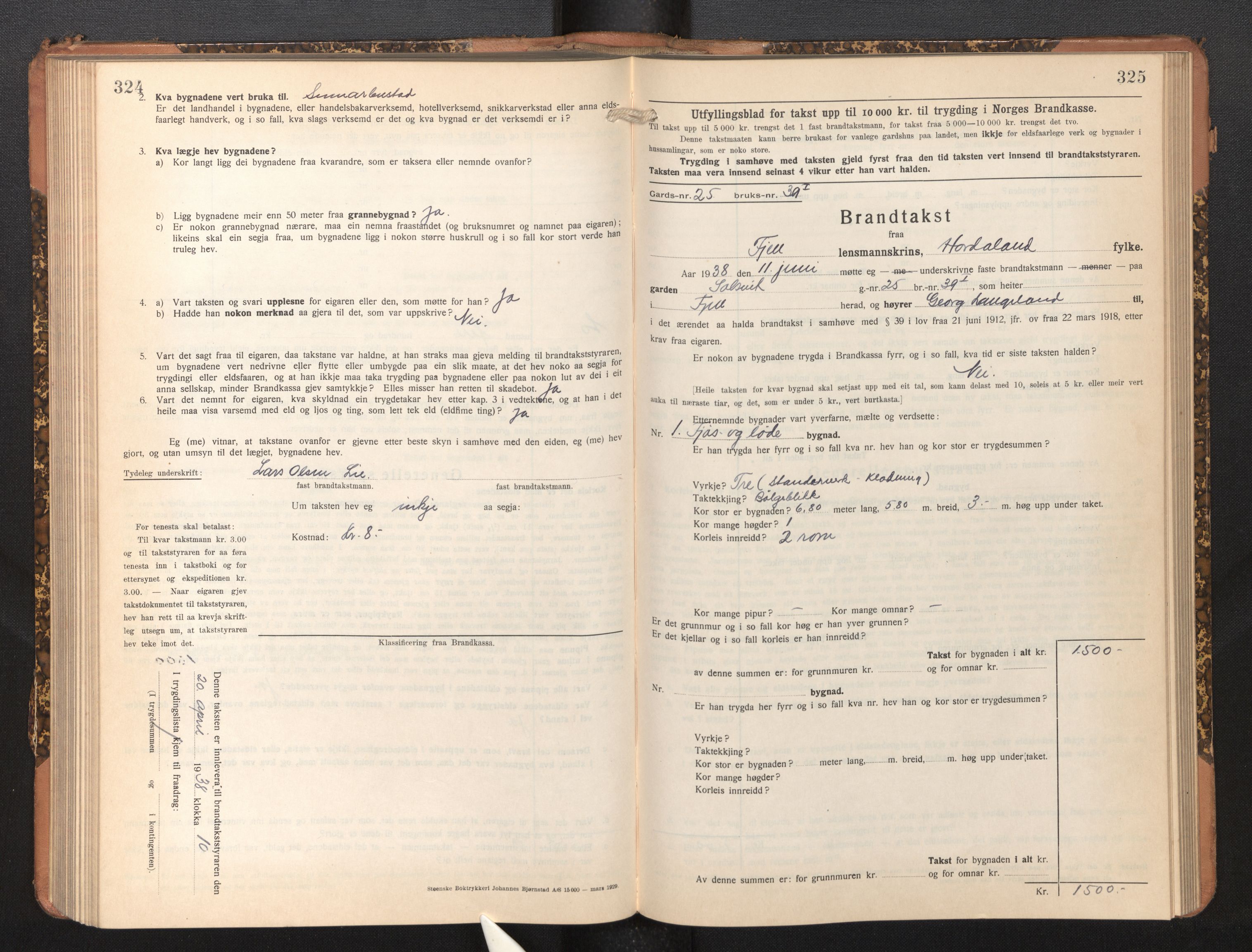 Lensmannen i Fjell, AV/SAB-A-32301/0012/L0006: Branntakstprotokoll, skjematakst, 1931-1945, p. 324-325