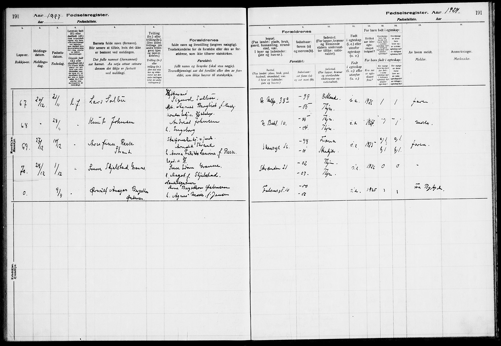 Ministerialprotokoller, klokkerbøker og fødselsregistre - Sør-Trøndelag, SAT/A-1456/604/L0233: Birth register no. 604.II.4.2, 1920-1928, p. 191