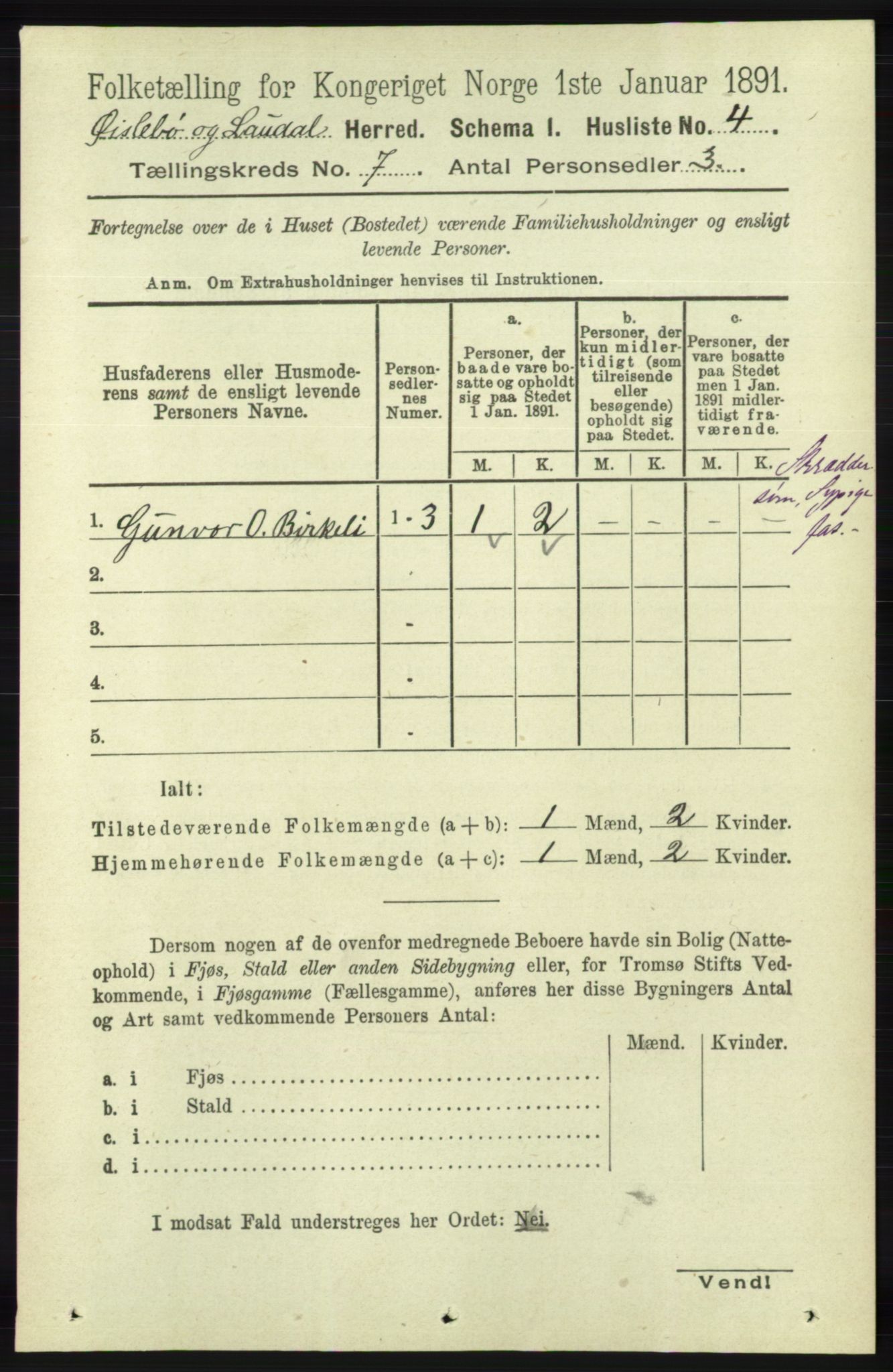 RA, 1891 census for 1021 Øyslebø og Laudal, 1891, p. 1905