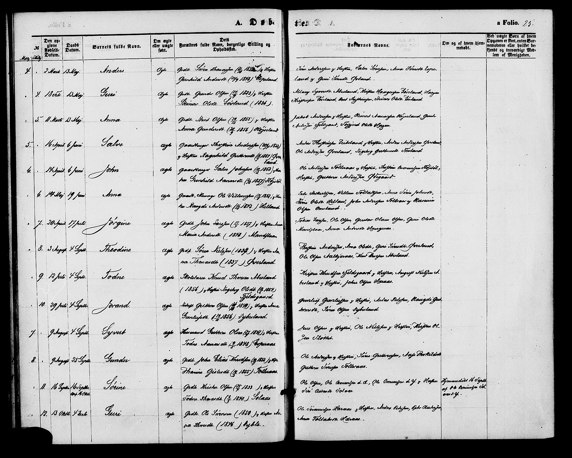 Bjelland sokneprestkontor, AV/SAK-1111-0005/F/Fa/Fab/L0003: Parish register (official) no. A 3, 1870-1887, p. 25