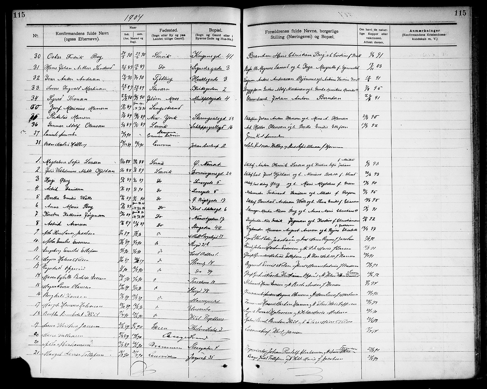Larvik kirkebøker, SAKO/A-352/G/Ga/L0006: Parish register (copy) no. I 6, 1888-1917, p. 115