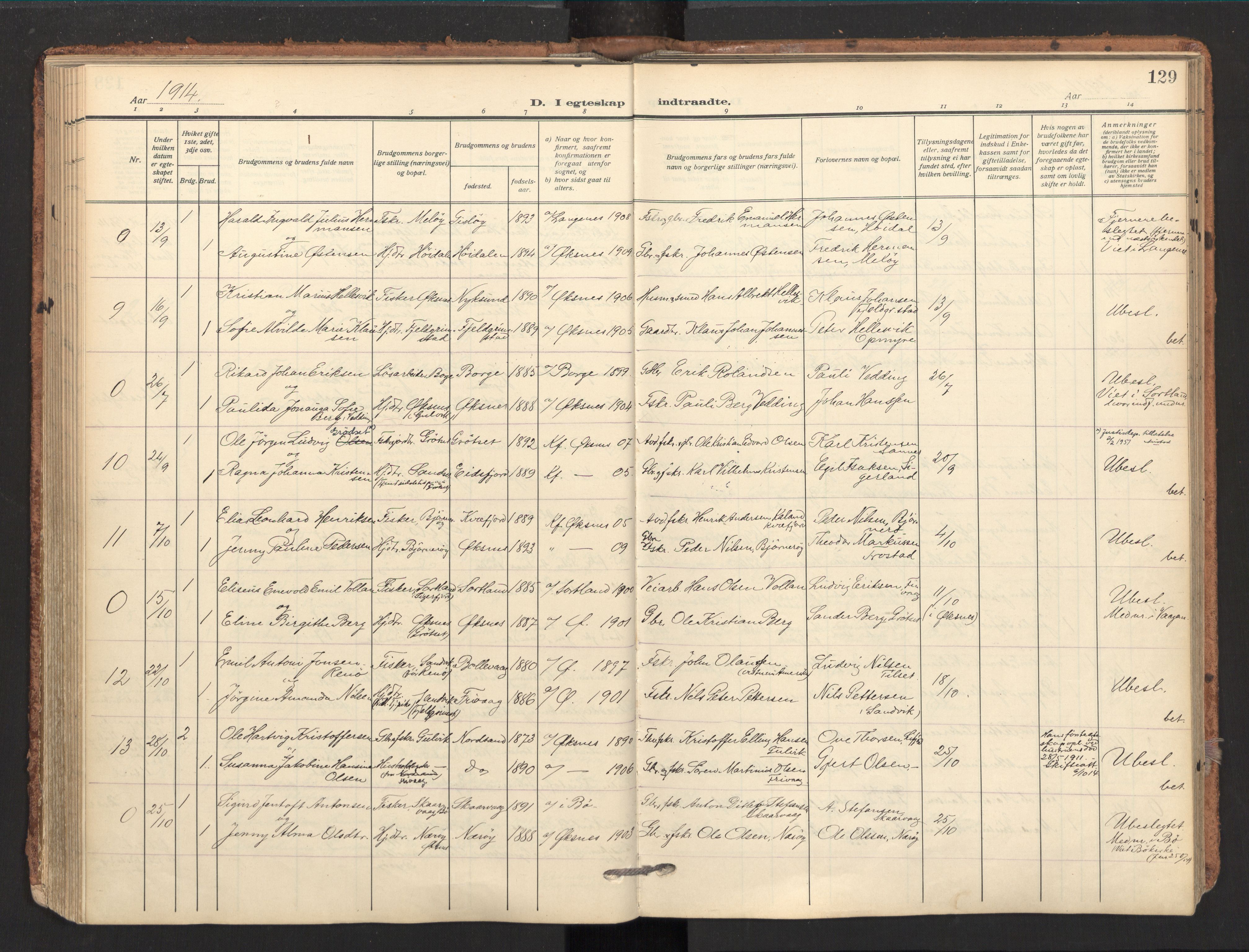 Ministerialprotokoller, klokkerbøker og fødselsregistre - Nordland, SAT/A-1459/893/L1343: Parish register (official) no. 893A15, 1914-1928, p. 129
