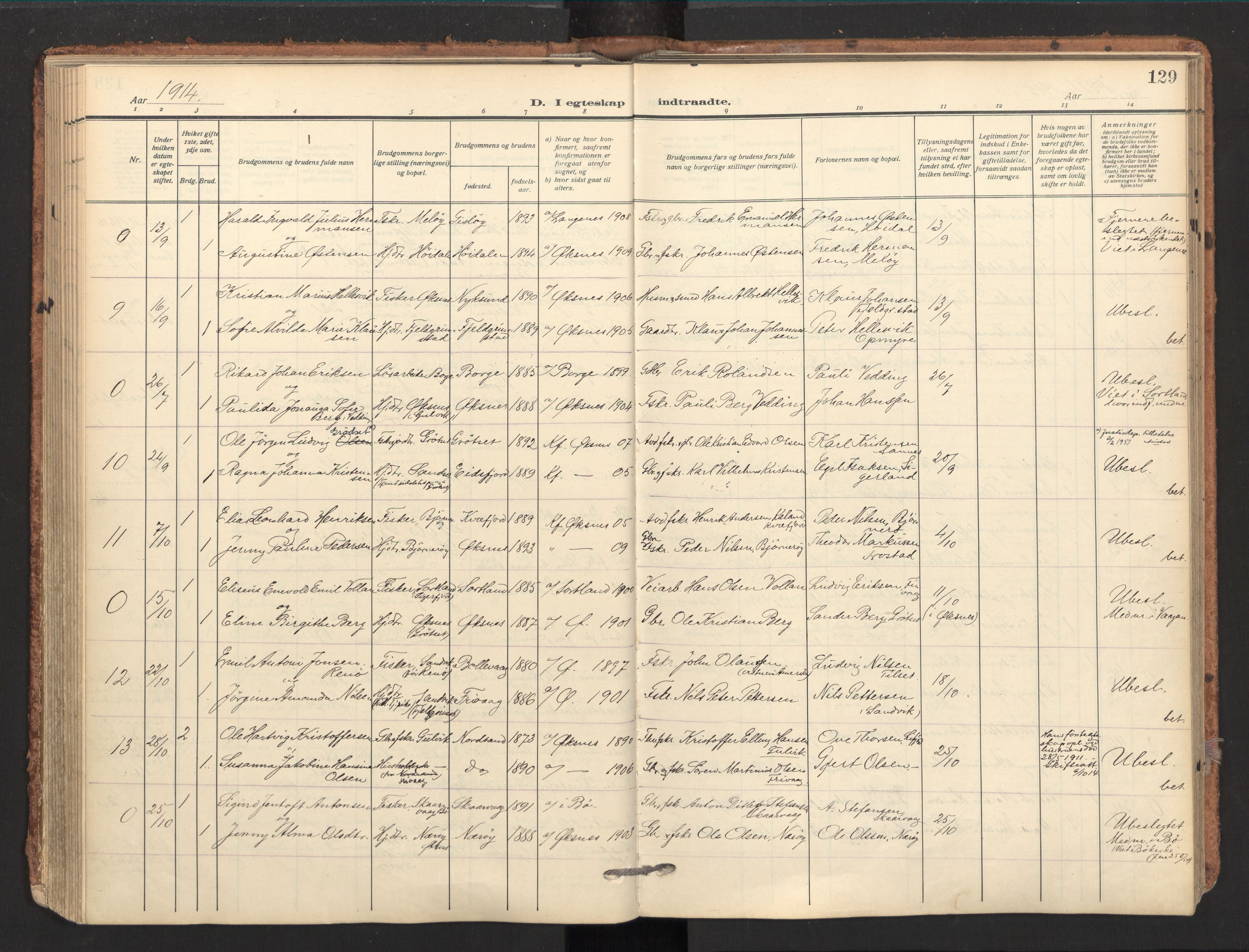 Ministerialprotokoller, klokkerbøker og fødselsregistre - Nordland, AV/SAT-A-1459/893/L1343: Parish register (official) no. 893A15, 1914-1928, p. 129