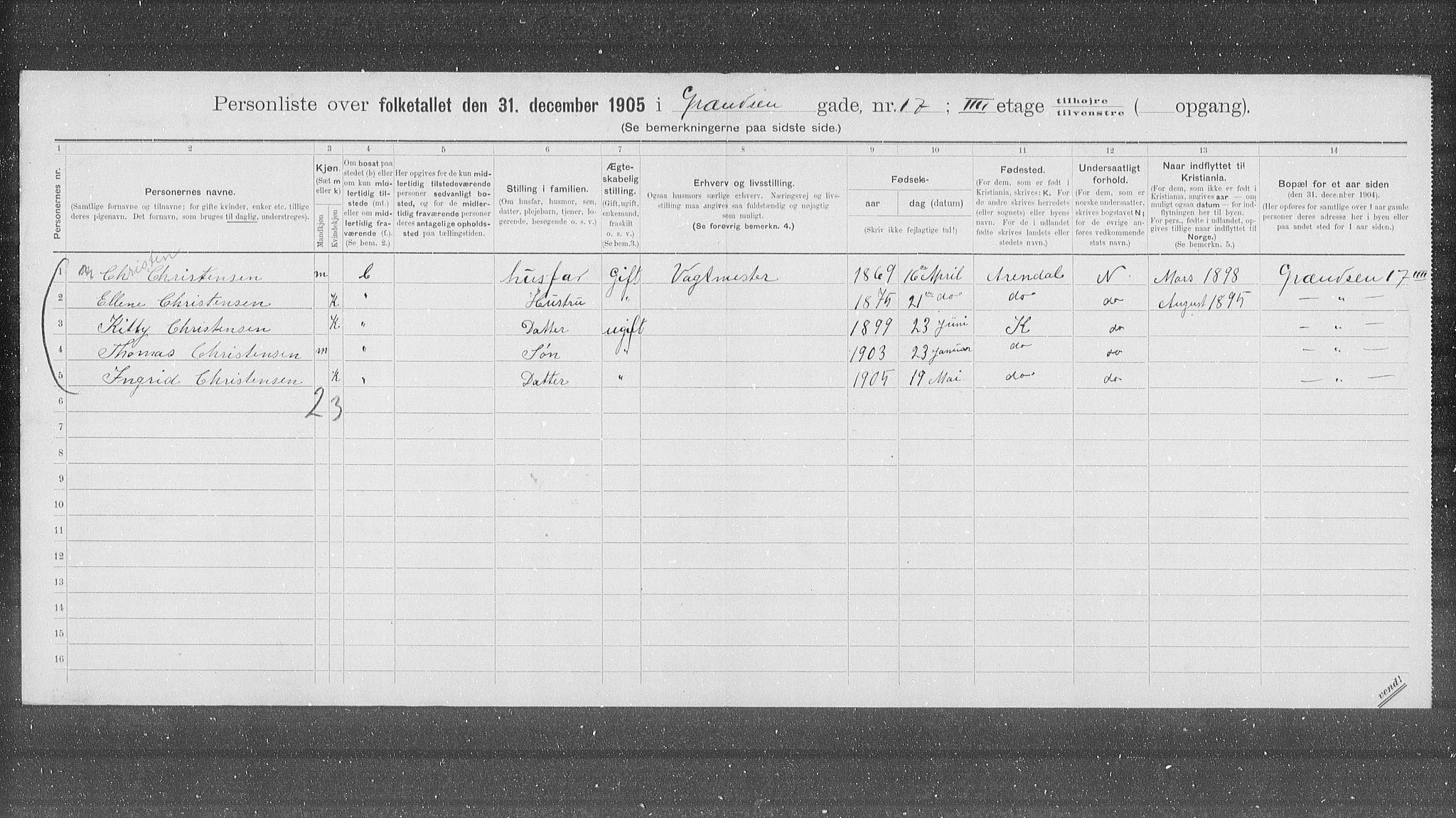 OBA, Municipal Census 1905 for Kristiania, 1905, p. 16230