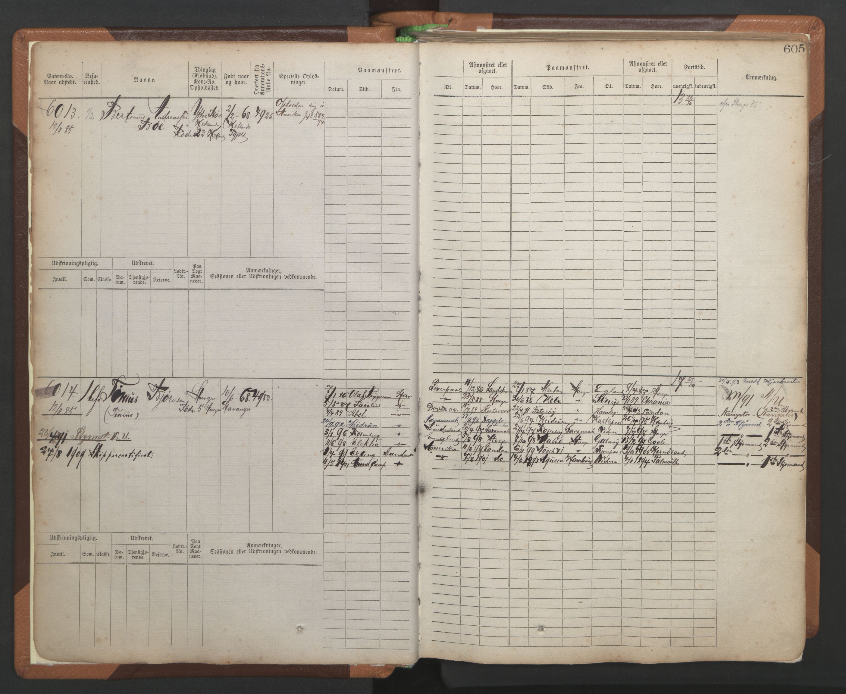 Stavanger sjømannskontor, AV/SAST-A-102006/F/Fb/Fbb/L0010: Sjøfartshovedrulle, patentnr. 6007-6606 (del 1), 1887-1896, p. 9