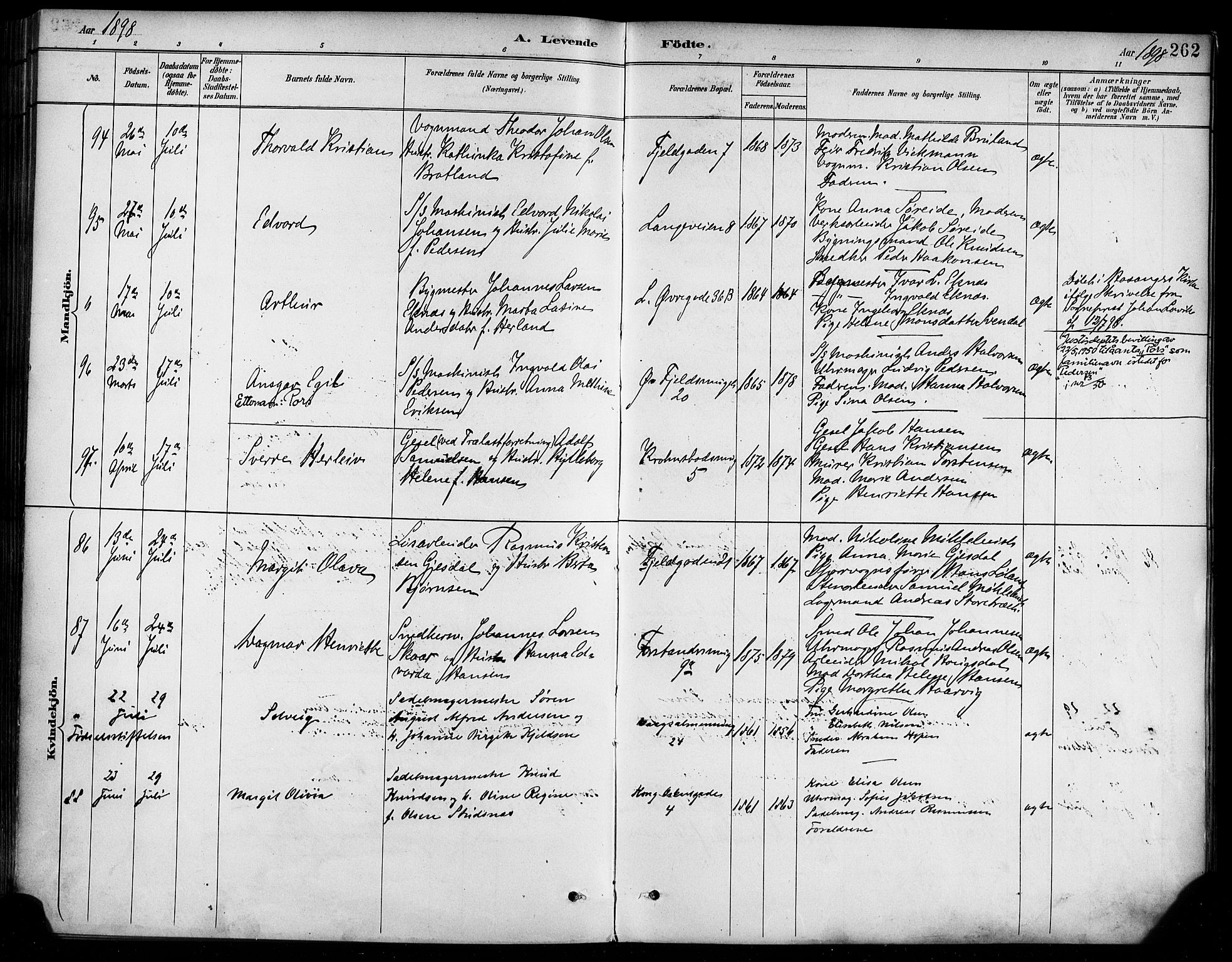 Korskirken sokneprestembete, SAB/A-76101/H/Haa/L0022: Parish register (official) no. B 8, 1889-1899, p. 262