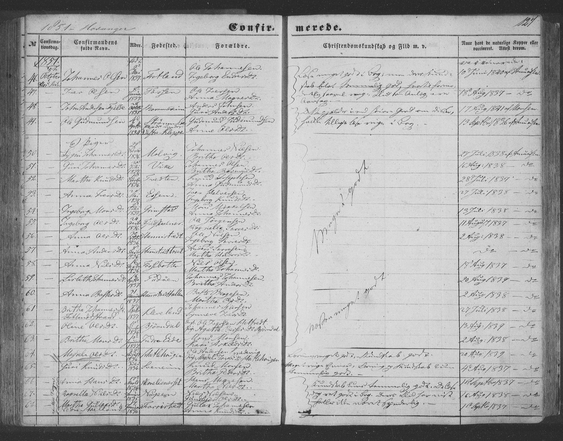 Hosanger sokneprestembete, AV/SAB-A-75801/H/Haa: Parish register (official) no. A 8, 1849-1863, p. 127