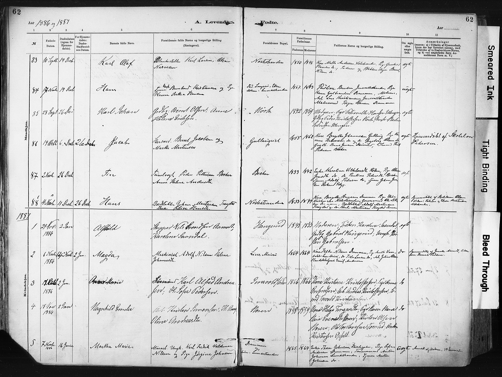 Lier kirkebøker, SAKO/A-230/F/Fa/L0015: Parish register (official) no. I 15, 1883-1894, p. 62