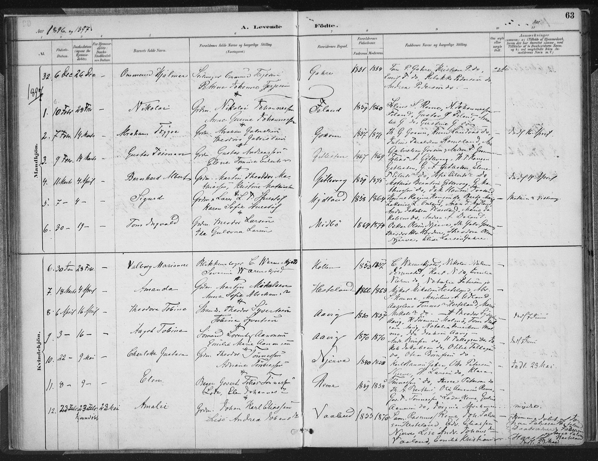 Sør-Audnedal sokneprestkontor, AV/SAK-1111-0039/F/Fa/Faa/L0004: Parish register (official) no. A 4, 1884-1909, p. 63