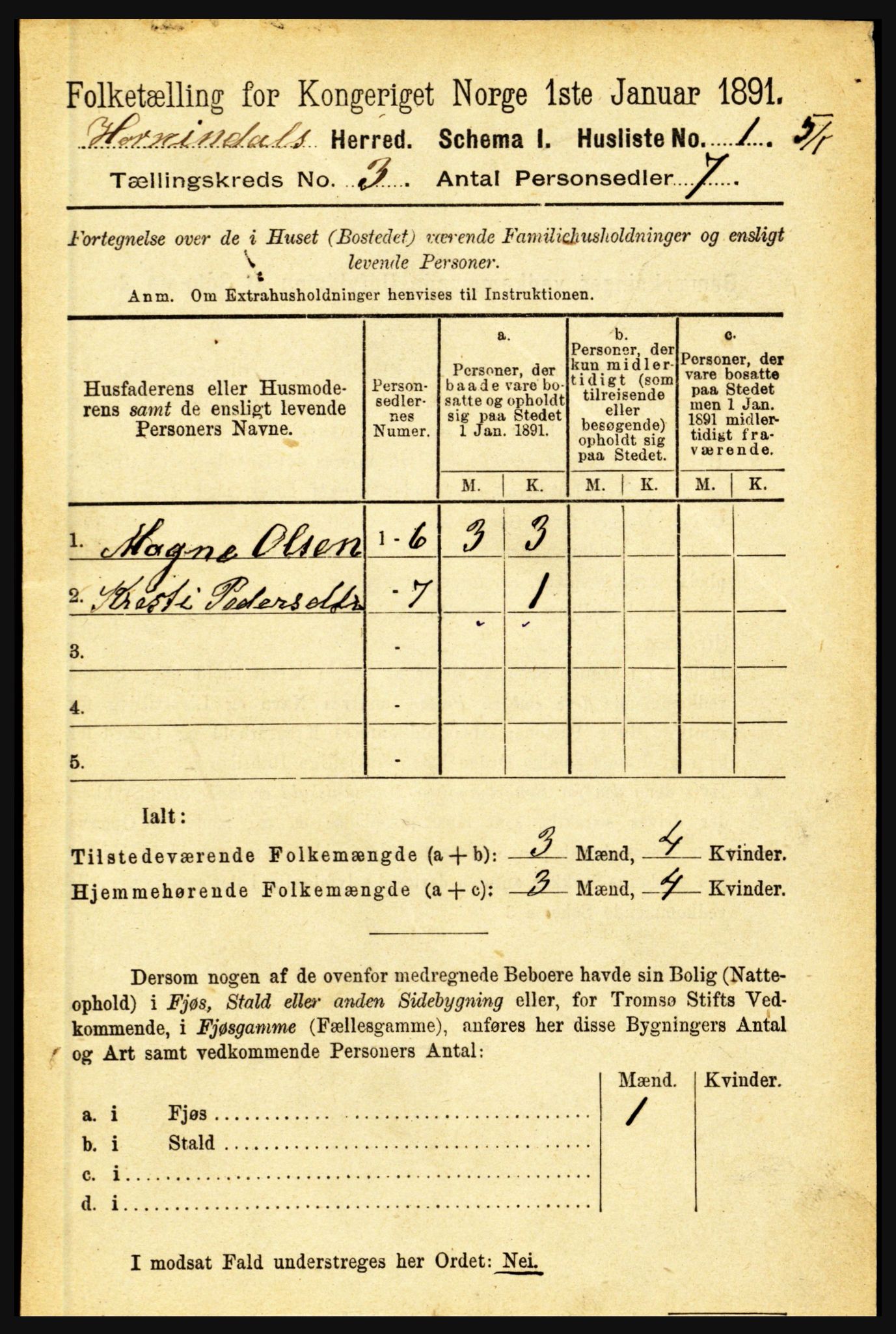 RA, 1891 census for 1444 Hornindal, 1891, p. 502