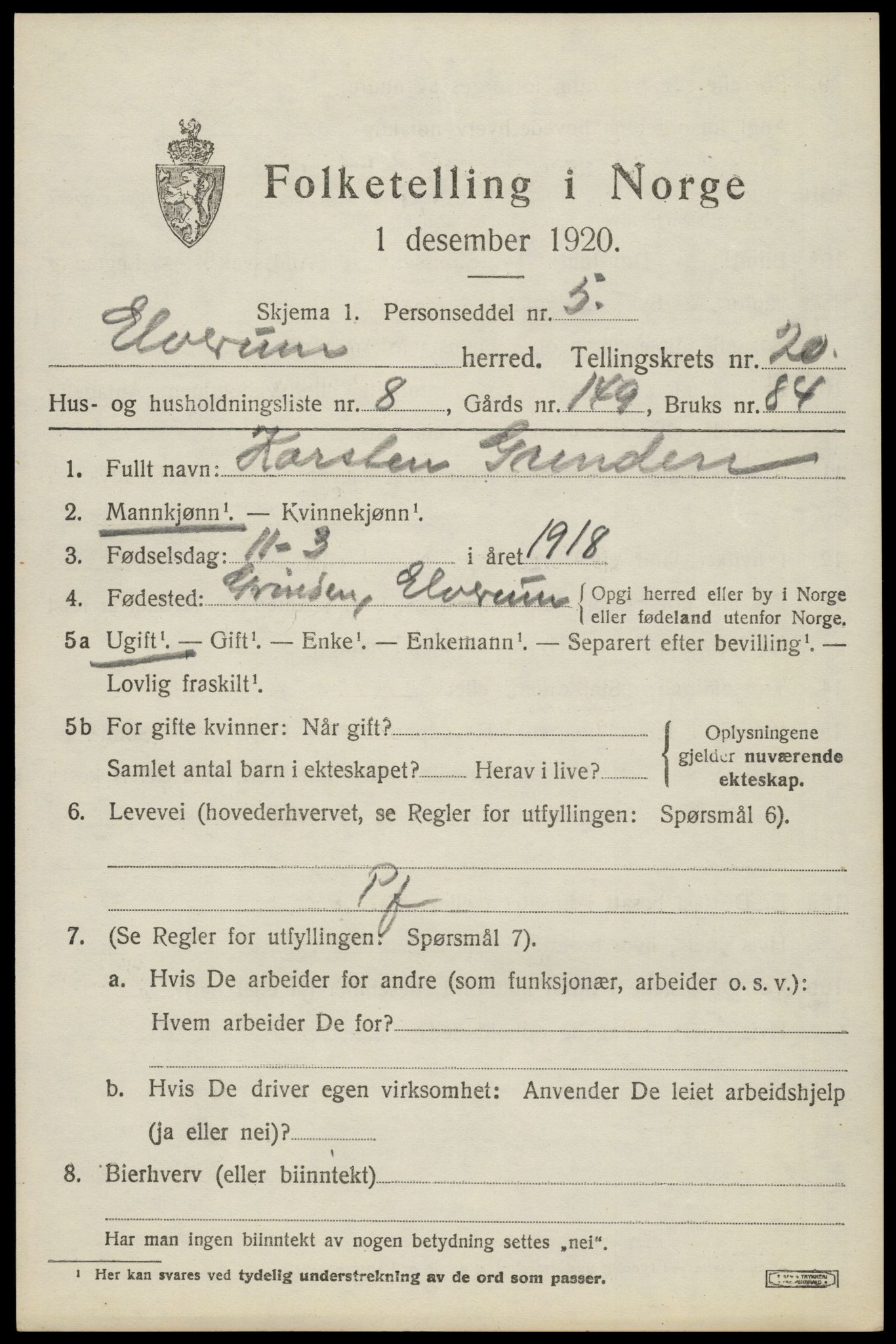 SAH, 1920 census for Elverum, 1920, p. 23384