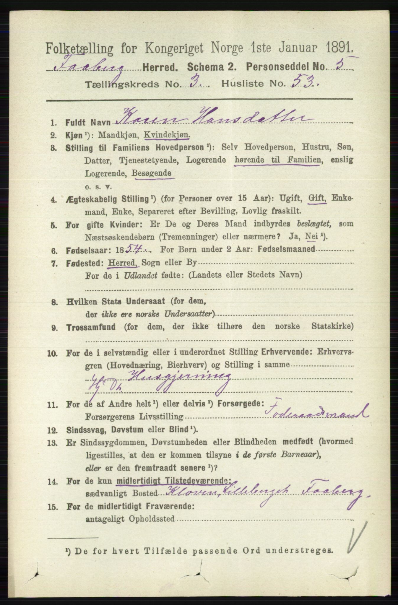 RA, 1891 census for 0524 Fåberg, 1891, p. 1157