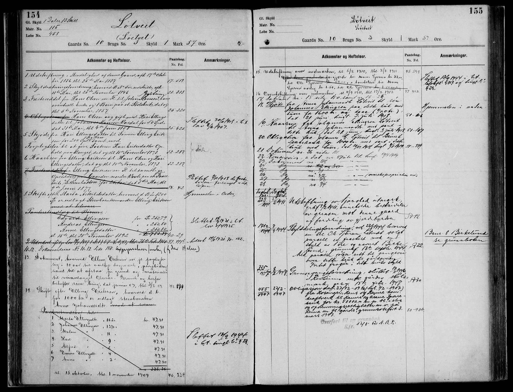 Nordhordland sorenskrivar, AV/SAB-A-2901/1/G/Ga/Gaaa/L0026: Mortgage register no. II.A.a.26, 1893-1952, p. 154-155