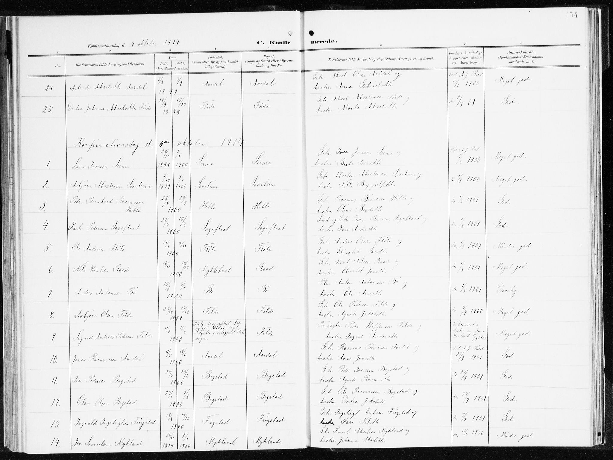 Gloppen sokneprestembete, AV/SAB-A-80101/H/Haa/Haac/L0003: Parish register (official) no. C 3, 1904-1921, p. 154