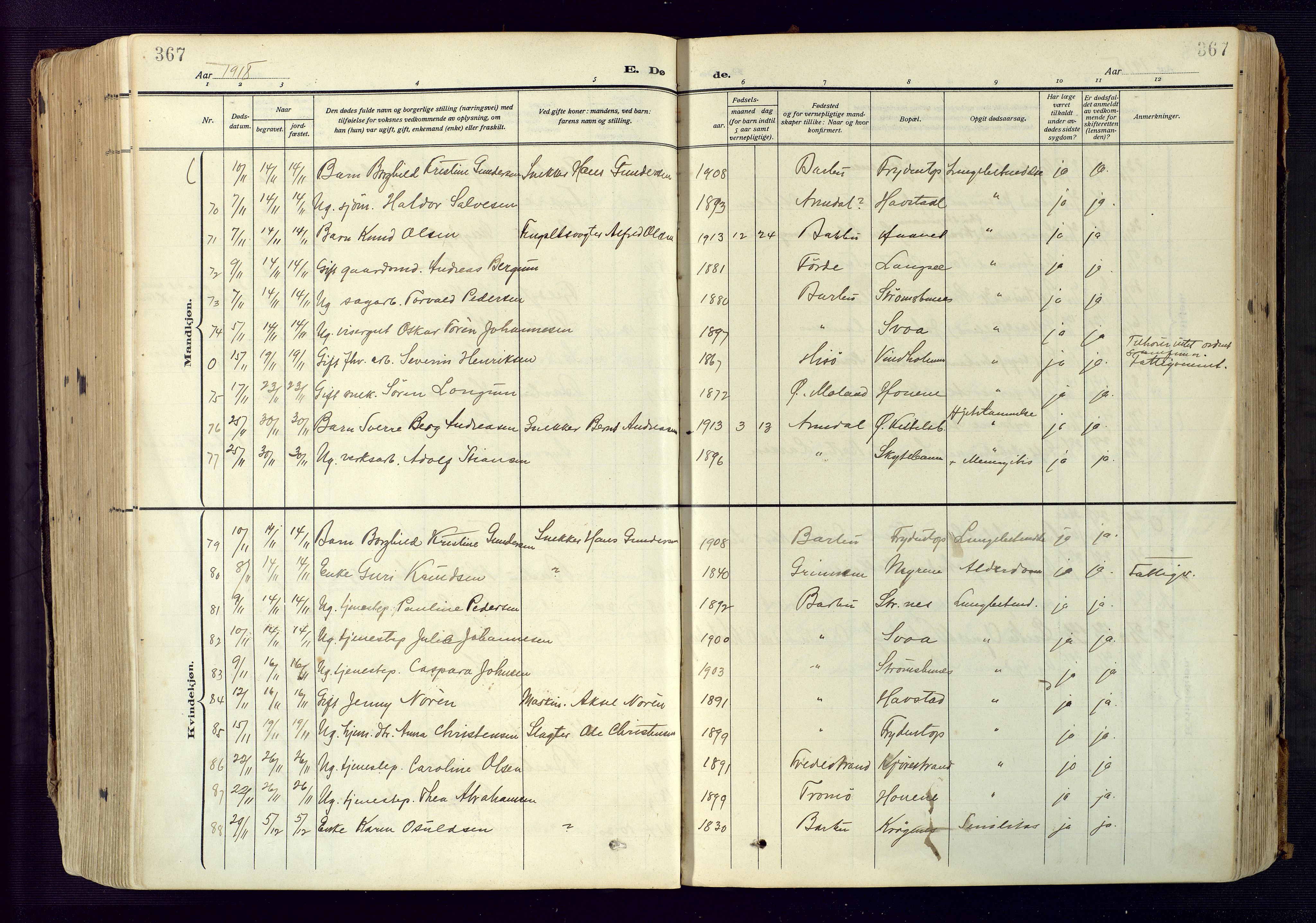 Barbu sokneprestkontor, AV/SAK-1111-0003/F/Fa/L0006: Parish register (official) no. A 6, 1910-1929, p. 367