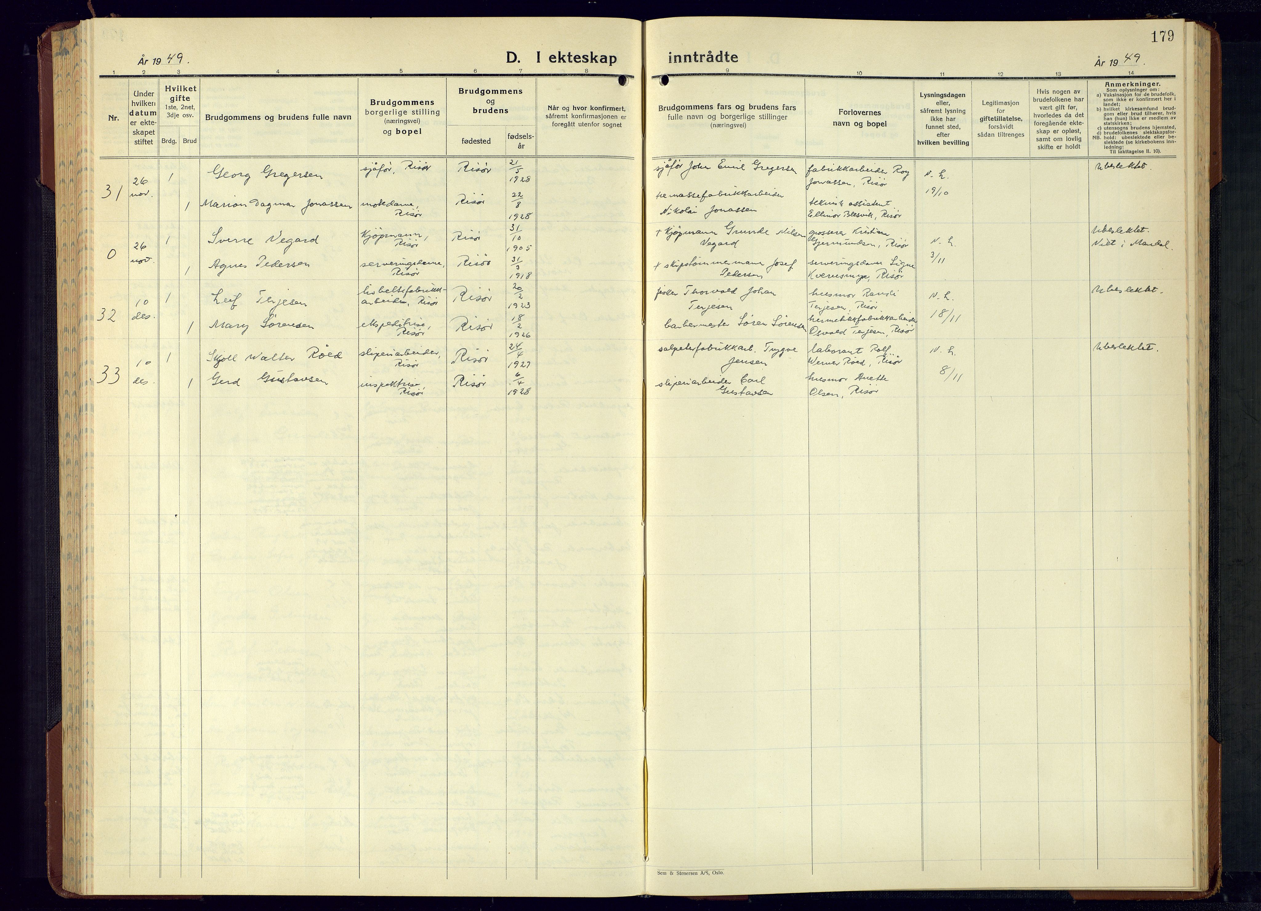 Risør sokneprestkontor, AV/SAK-1111-0035/F/Fb/L0010: Parish register (copy) no. B 10, 1940-1956, p. 179