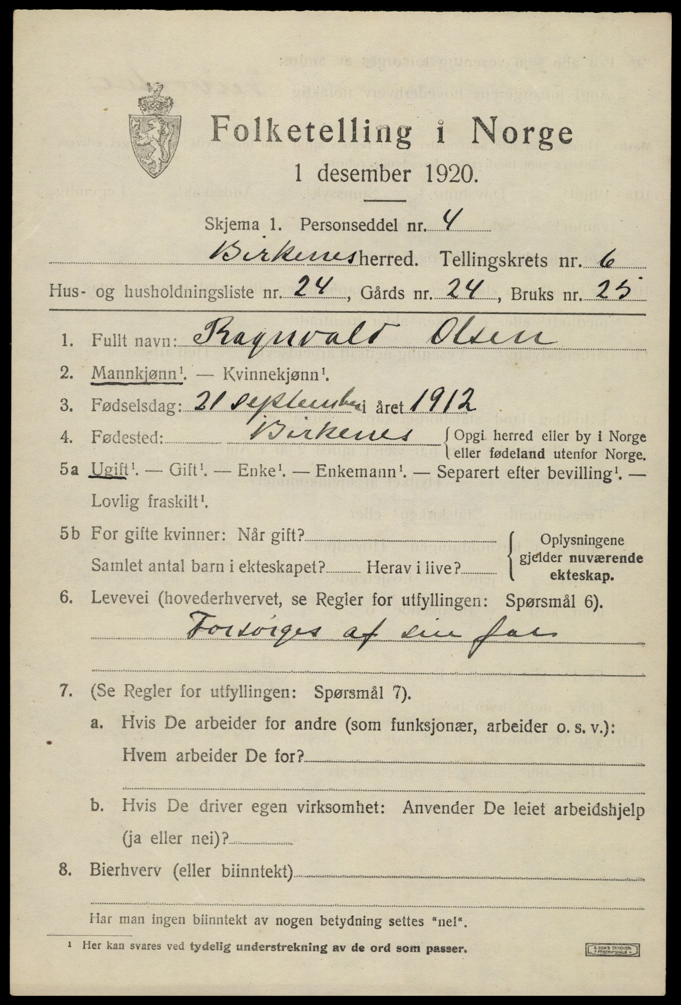 SAK, 1920 census for Birkenes, 1920, p. 3997