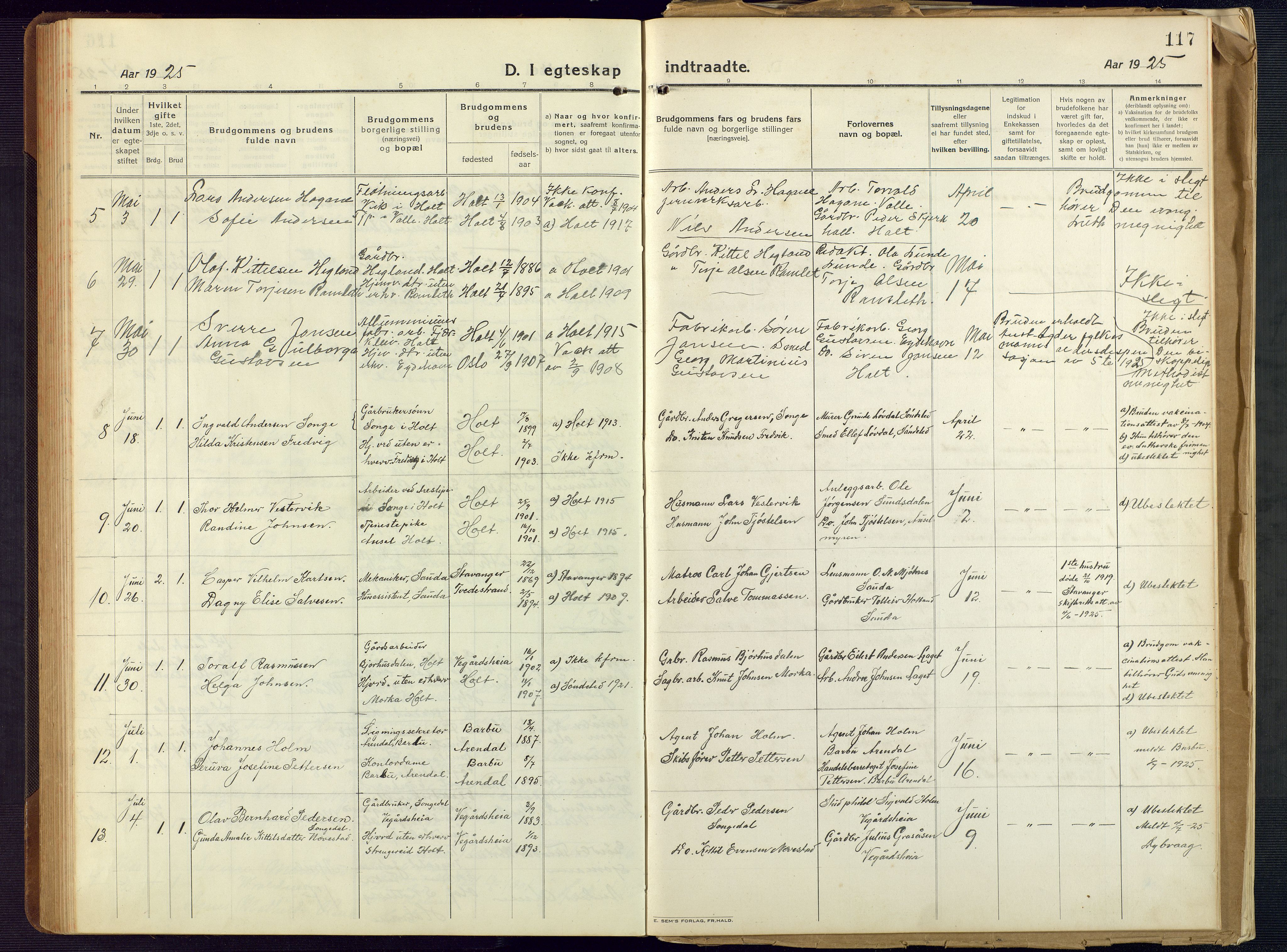 Holt sokneprestkontor, SAK/1111-0021/F/Fb/L0012: Parish register (copy) no. B 12, 1919-1944, p. 117