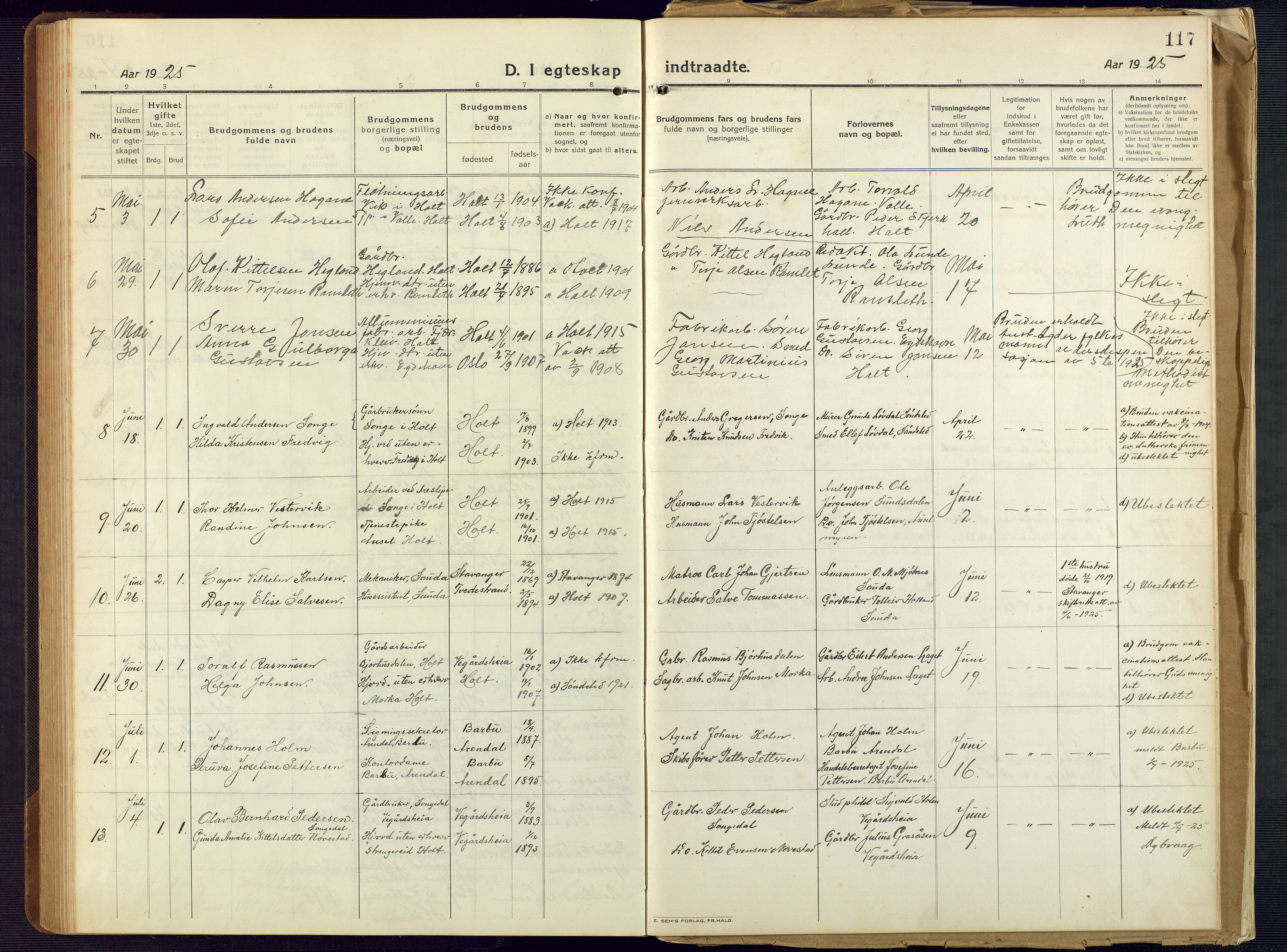 Holt sokneprestkontor, AV/SAK-1111-0021/F/Fb/L0012: Parish register (copy) no. B 12, 1919-1944, p. 117