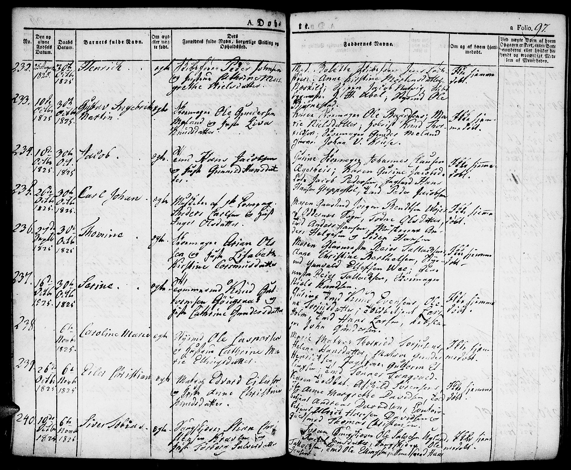 Kristiansand domprosti, SAK/1112-0006/F/Fa/L0009: Parish register (official) no. A 9, 1821-1827, p. 97