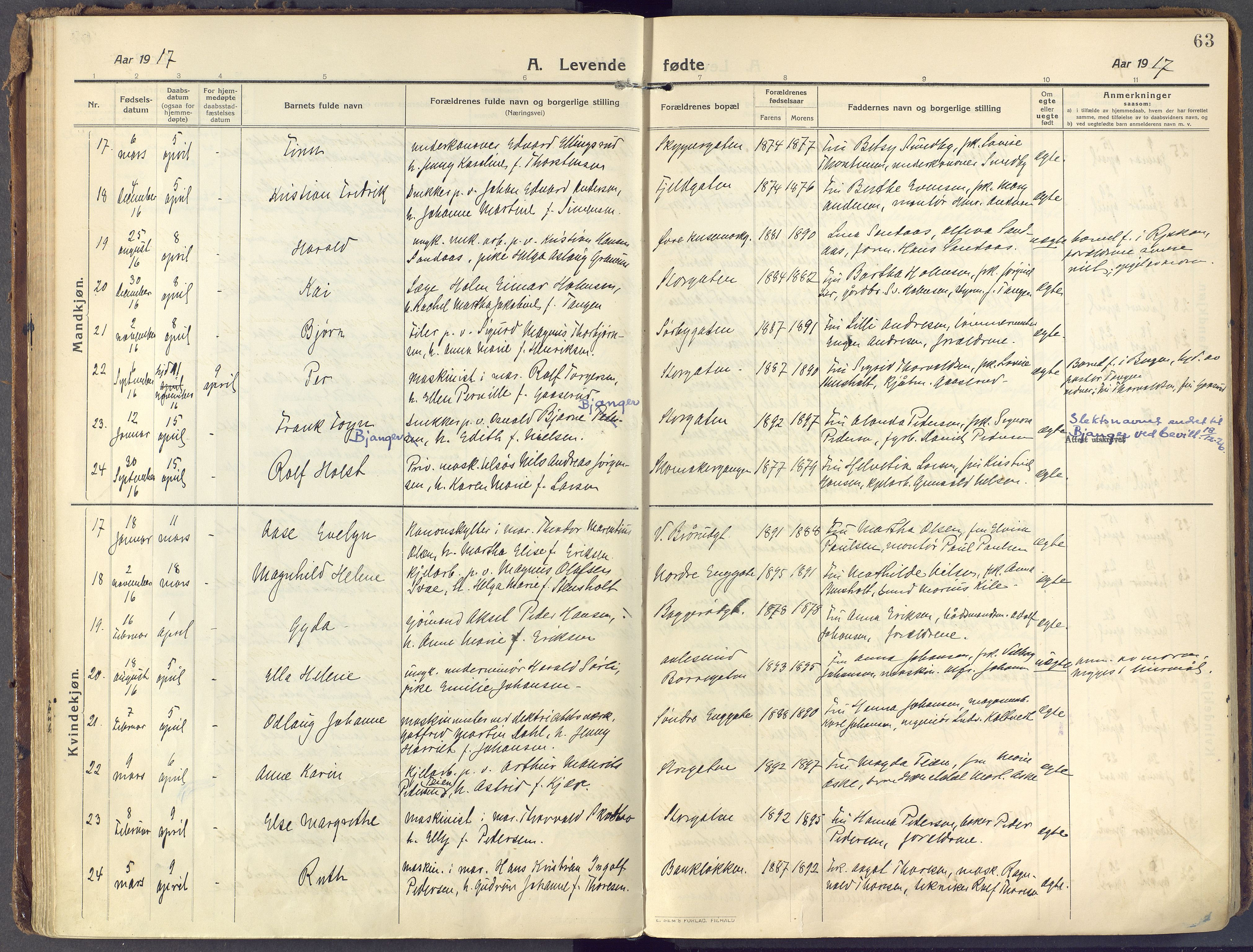 Horten kirkebøker, AV/SAKO-A-348/F/Fa/L0012: Parish register (official) no. 12, 1913-1926, p. 63